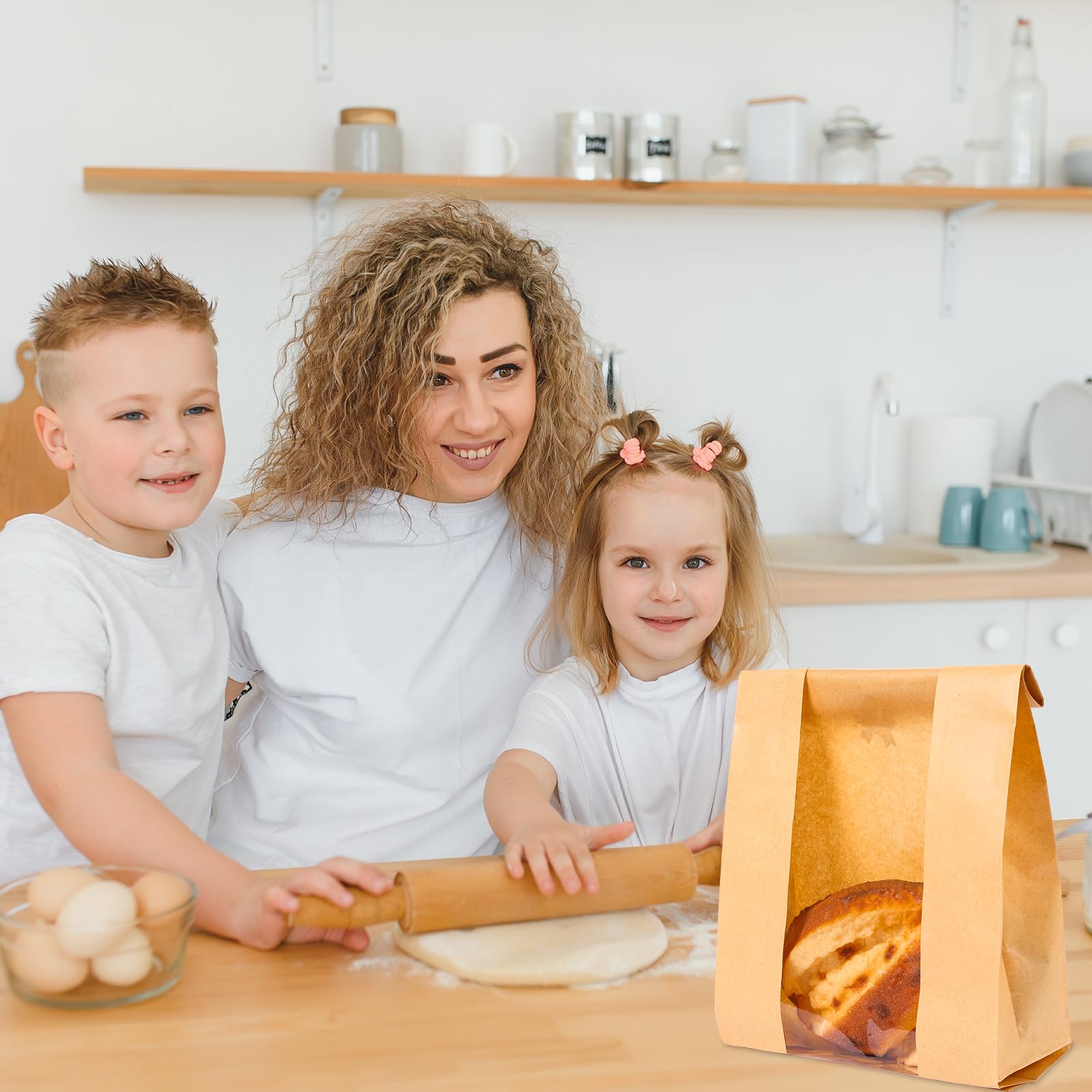 Moretoes Sourdough Bread Bags with Window - 50 Pack 13.7x8.3x3.5 Inch Reusable Paper Bread Bags for Homemade Bread, Baked Goods Storage - Includes Label Seal Stickers - Perfect for Bakeries, Farmers Markets & Home Baking