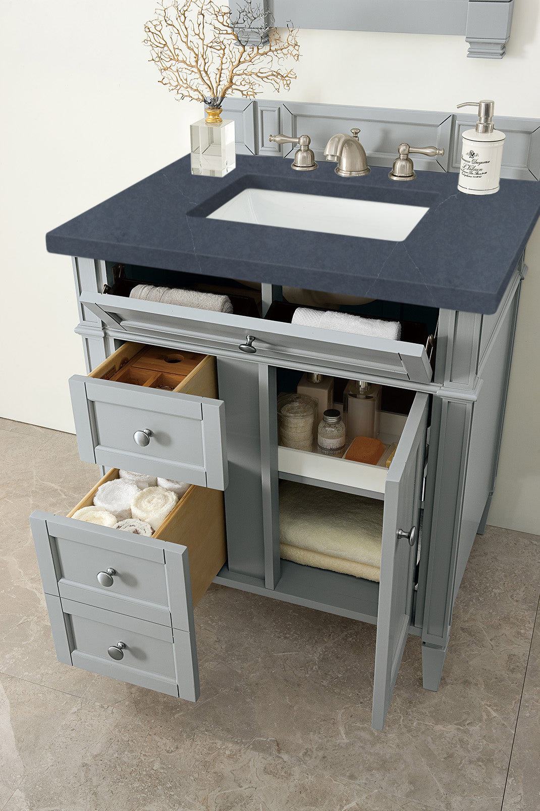 Brittany 30-Inch Single Bathroom Vanity in Urban Gray with 3CM Charcoal Soapstone Quartz Countertop - Perfect for Modern Master Bathrooms & Powder Rooms