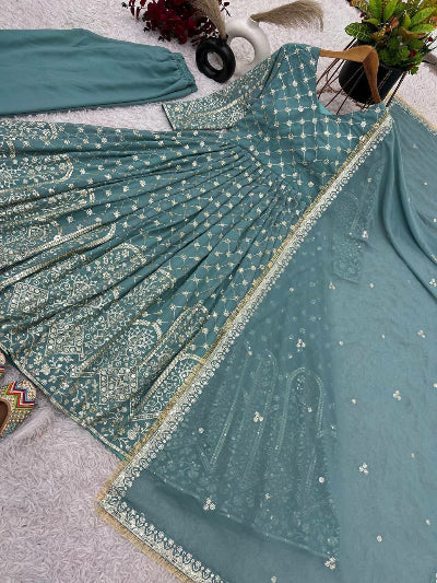 Elegant Soft Muted Green Georgette Sequins Anarkali Gown Suit - UK Next Day Delivery | Perfect for Weddings, Parties & Special Occasions