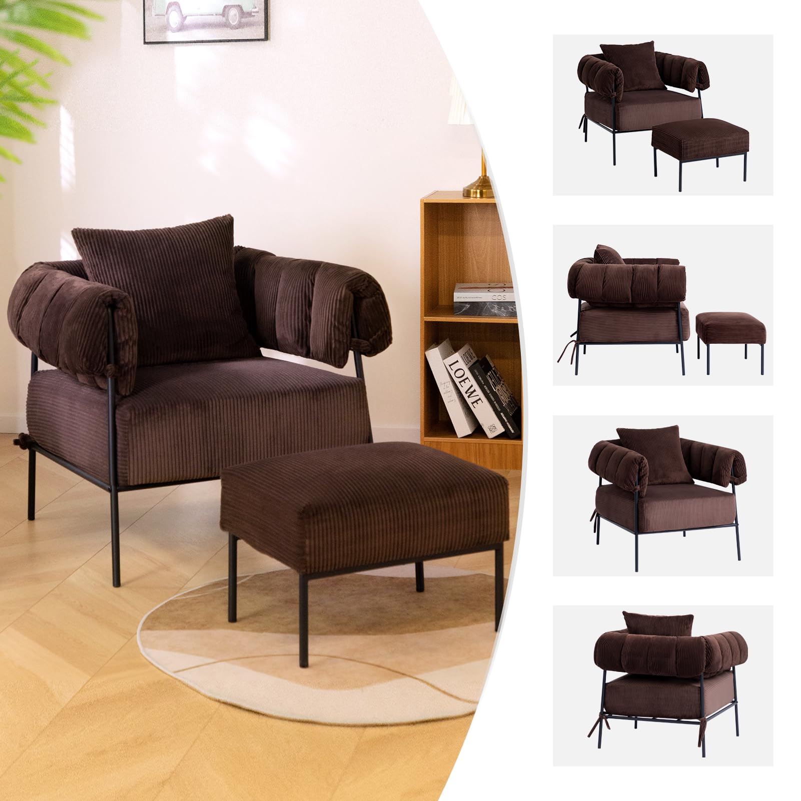 HollyHOME Modern Velvet Accent Chair with Ottoman - Plush Upholstered Reading Armchair & Footstool Set, Large Comfy Lounge Chair for Living Room, Bedroom, Office - Perfect for Relaxing, Reading & Coffee Time