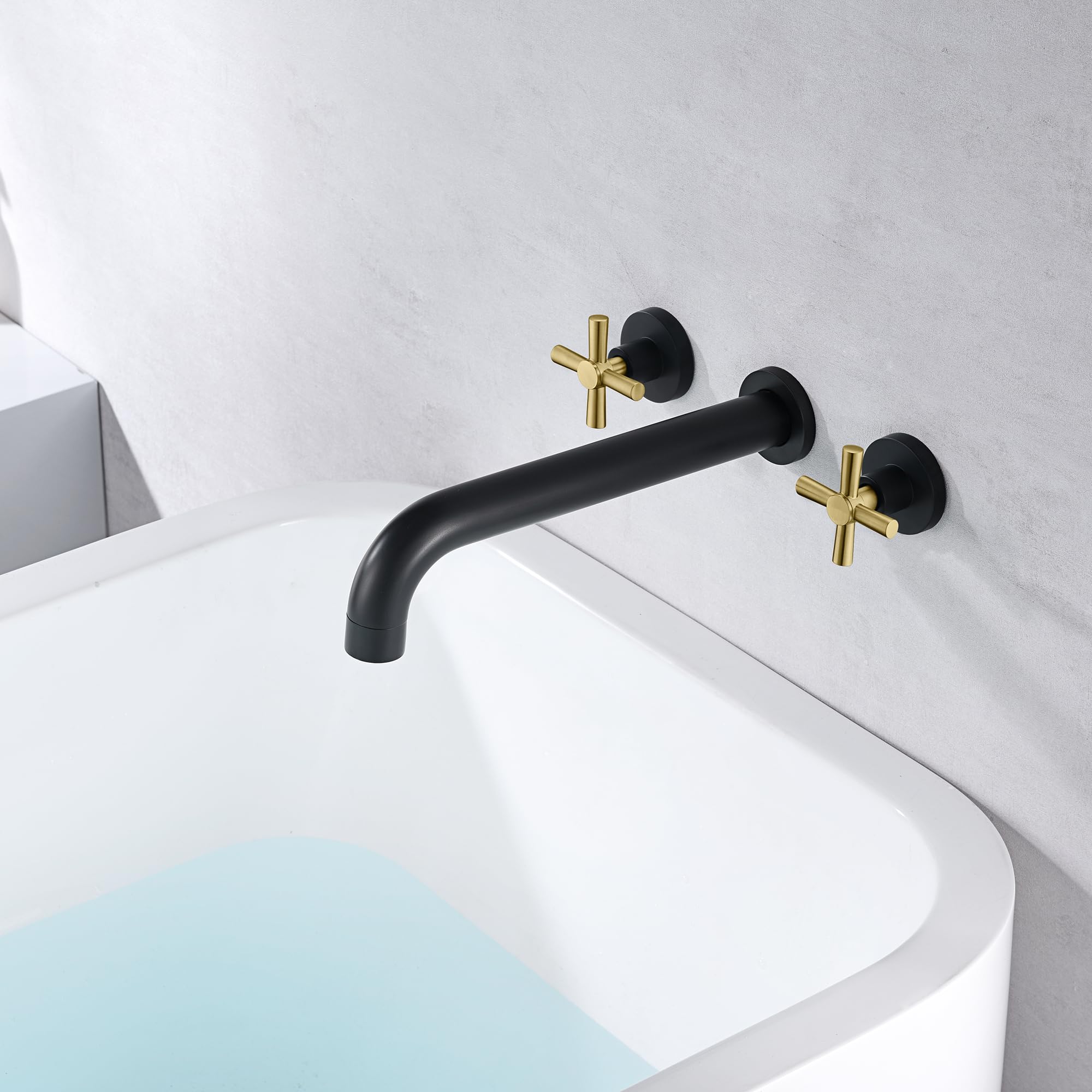 SUMERAIN Black and Gold Wall Mount Tub Faucet with 2 Cross Handles - Long Spout High Flow Bathroom Fixture for Vintage & Modern Homes