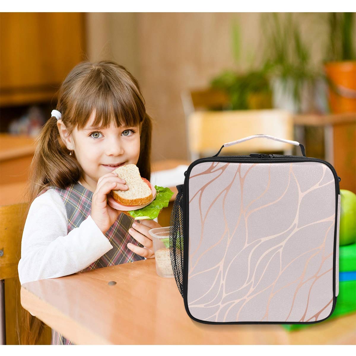 AUUXVA Insulated Lunch Box Bag - Rose Gold Marble Pattern Thermal Cooler with Adjustable Shoulder Strap for Women, Men & Kids | Perfect for School, Work, Picnics & Outdoor Activities