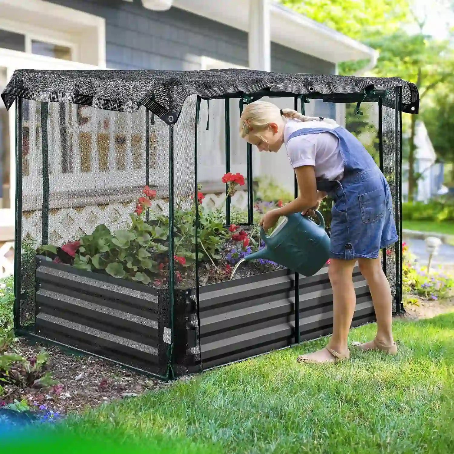 Durable Galvanized Steel Raised Garden Bed with Protective Netting - Perfect for Outdoor Gardening, Vegetables, Flowers, and Herbs
