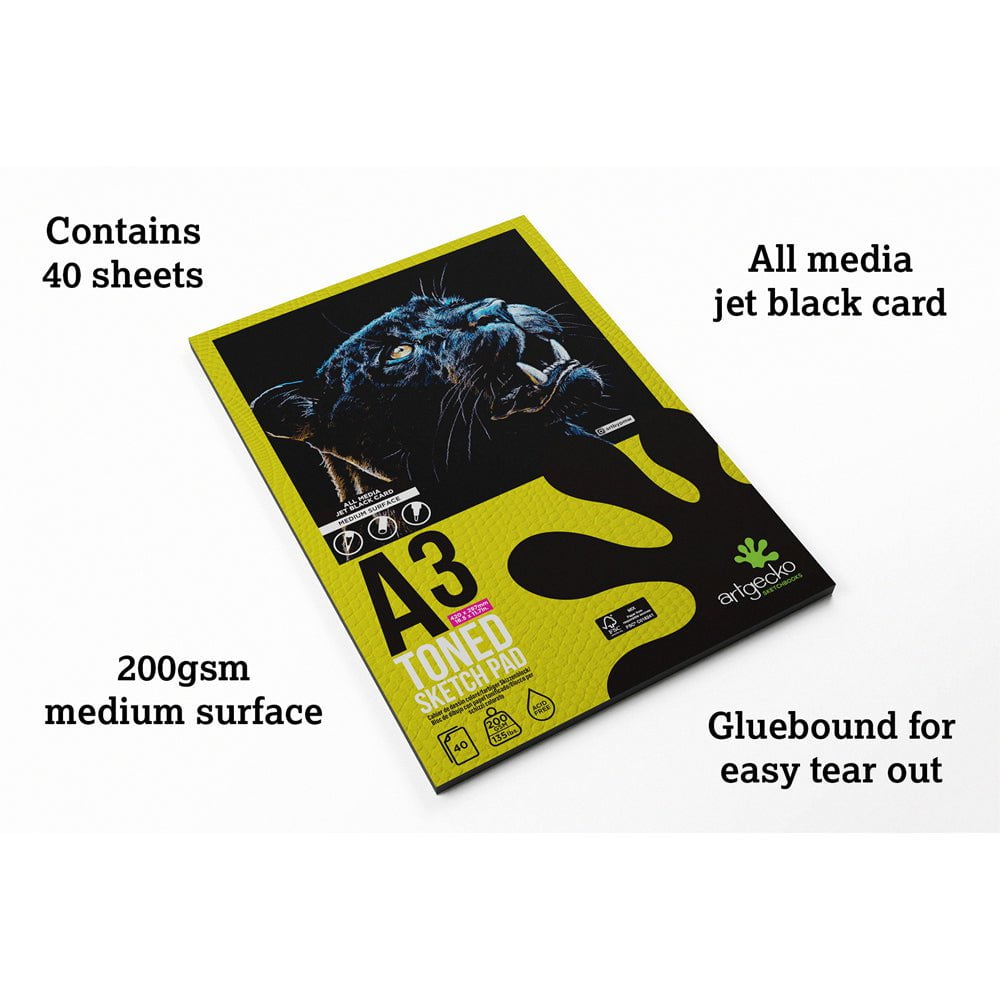 Artgecko Pro Toned Sketchpad A3 Size - 40 Sheets 200gsm Premium Black Paper for Drawing, Sketching & Charcoal Art - Perfect for Artists, Illustrators & Designers