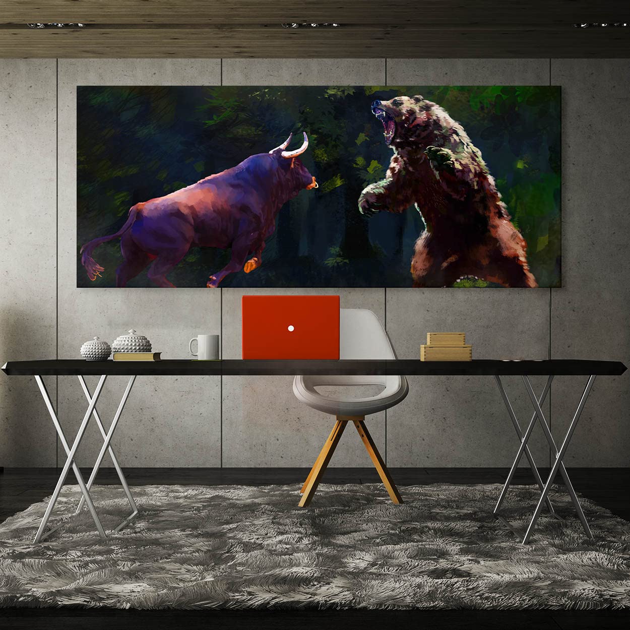 Bull vs Bear Wall Art Canvas Print - Stock Market Trading Office Decor, Business & Home Wall Decor Painting, 20x8 Inches (0.75