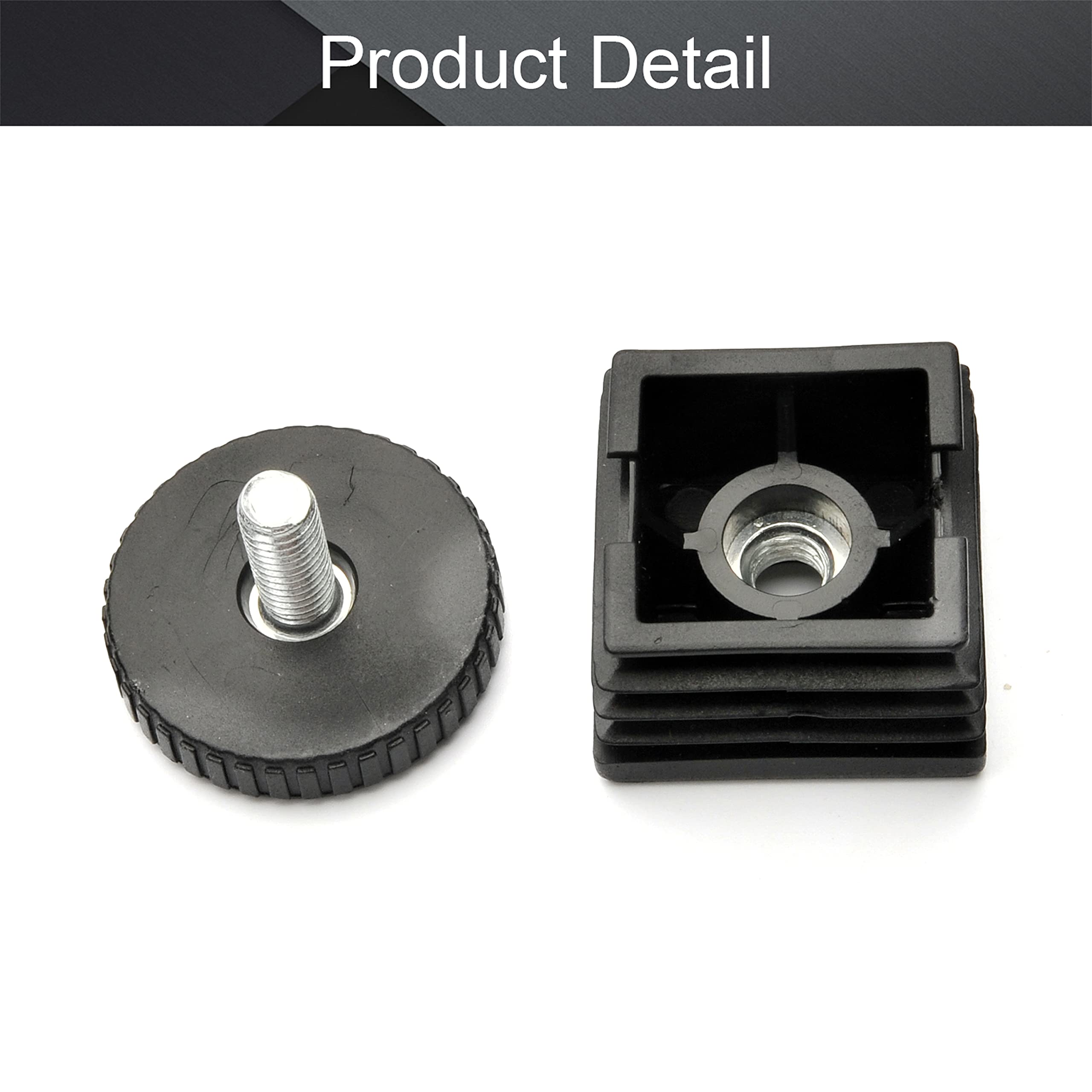 MroMax 16 Sets Adjustable Leveling Feet 38x38mm - Heavy Duty Plastic & Metal Square Tube Insert Kit with M8 Thread - Glide Levelers for Home Office Table, Desk Legs (Black) - Perfect for Workstations, Study Desks & Furniture Leveling