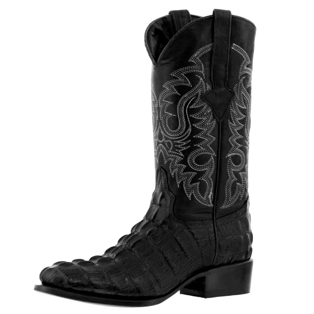 Texas Legacy Men's Black Western Leather Cowboy Boots - Genuine Crocodile Print Round Toe - Durable & Comfortable for Rodeo, Country Dance & Western Fashion
