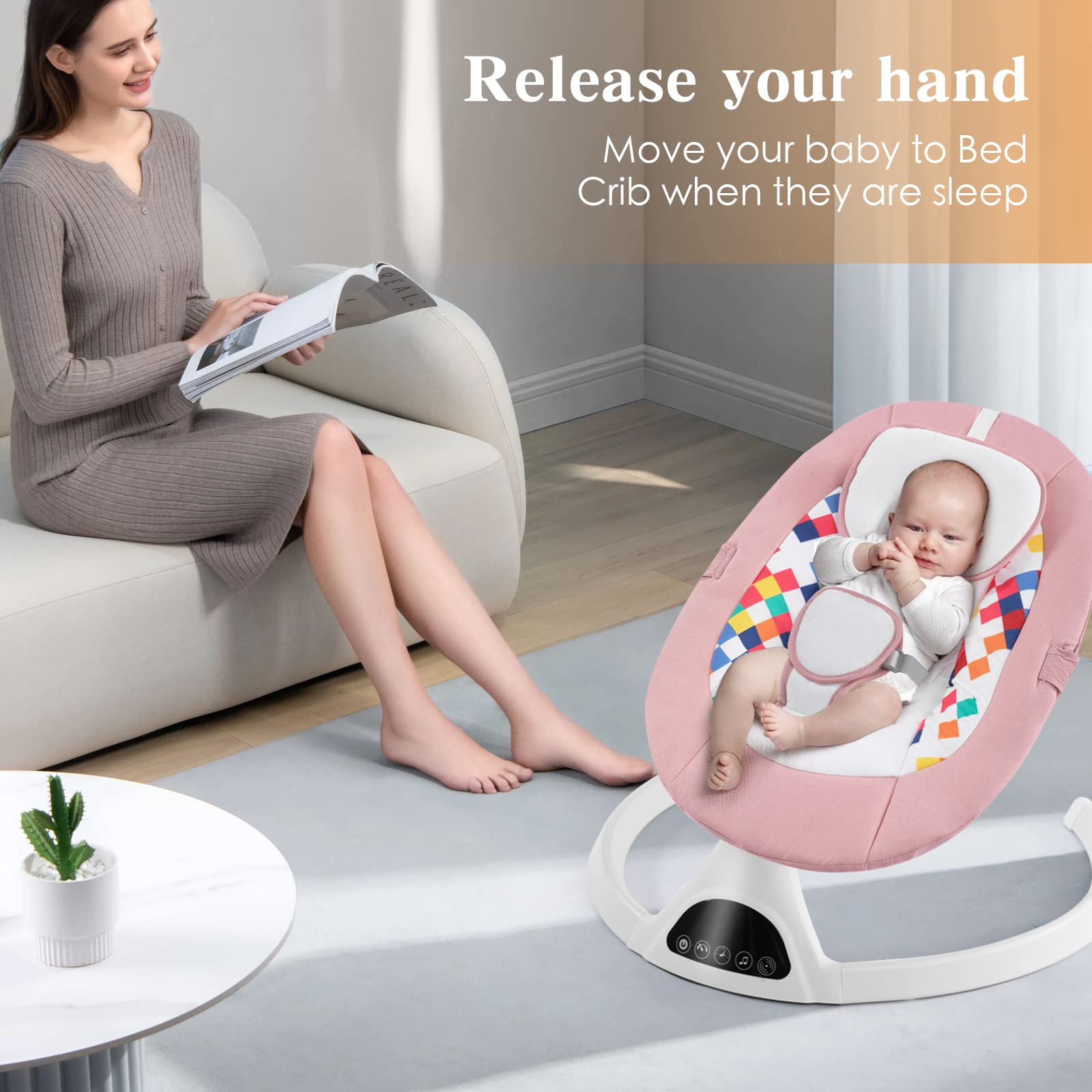 Electric Baby Swing with Bluetooth & Music - Portable Infant Bouncer for Boys & Girls - 5 Adjustable Sway Speeds - Light Pink Indoor Rocker - Perfect for Nursery, Playtime & Soothing Fussy Babies