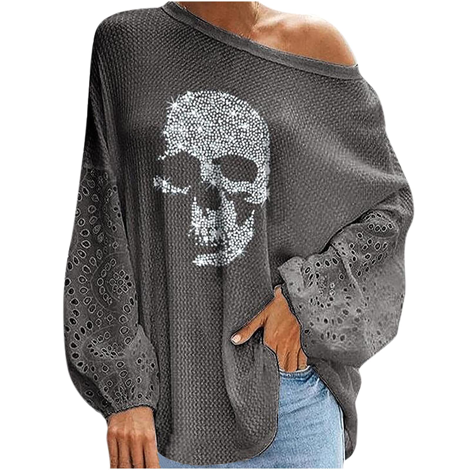 Women's Off Shoulder Sweater - Long Sleeve Waffle Knit Pullover with Batwing Sleeves | Loose Oversized Boat Neck Jumper | Perfect for Fall Layering, Casual Outfits & Cozy Winter Wear