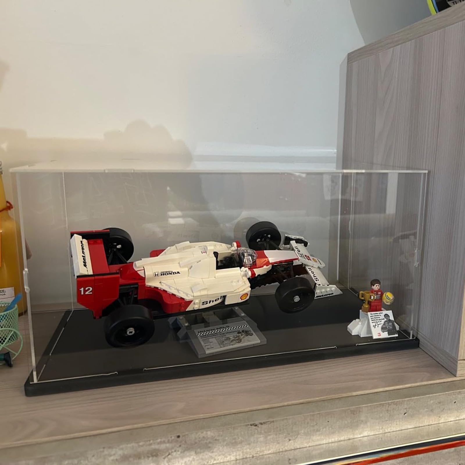 Premium Thickened Clear Acrylic Display Case for Lego Sets 10330 10295 42176 10337 42170 75376 - Dustproof Protection Box with Wood-Plastic Base & LED String Lights (Black Interior, 15.7x7.9x7.9 inches) - Perfect for Showcasing Collectibles in Home Office, Game Room or Retail Display