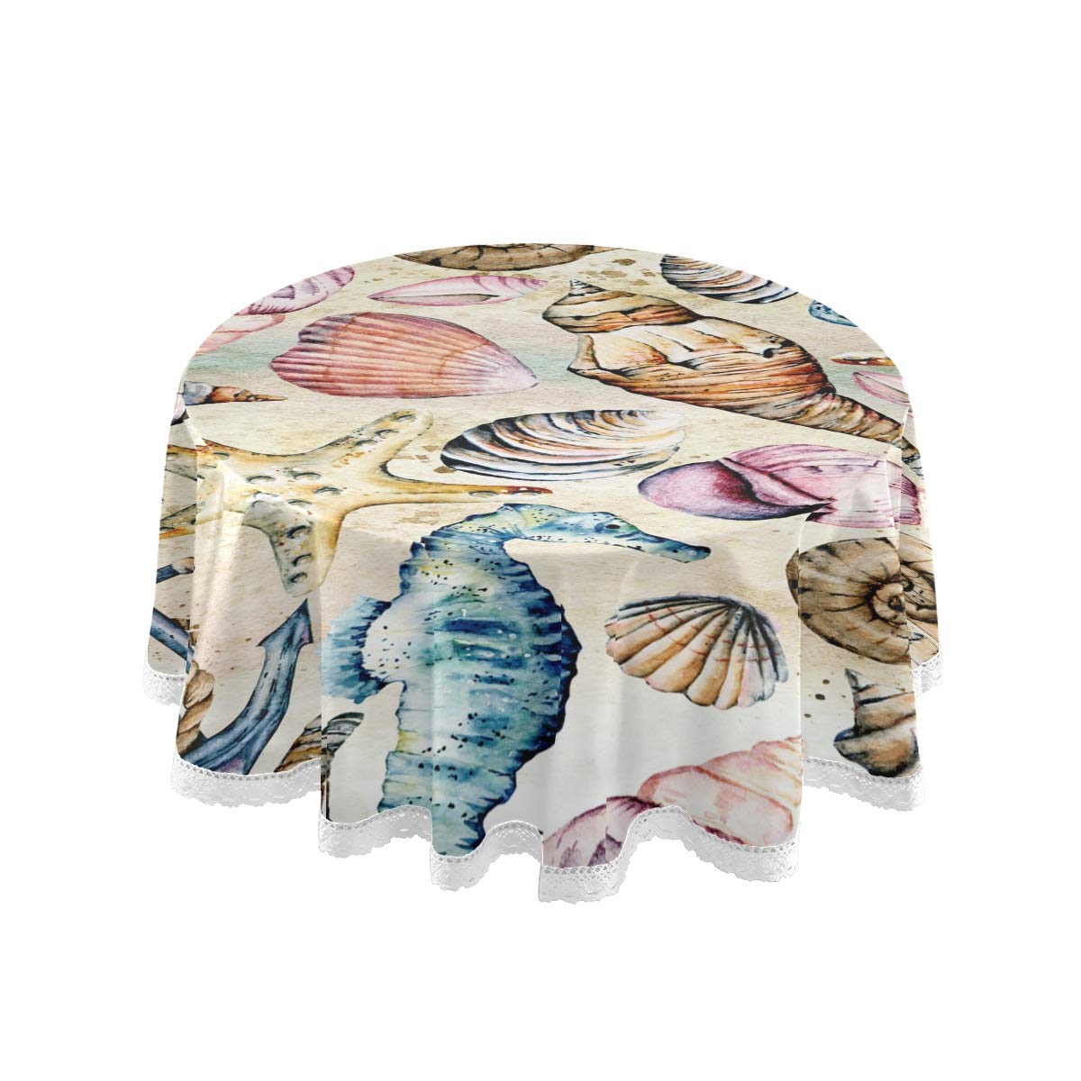 Wamika 60-inch Round Beach Tablecloth with Seashells, Seahorse & Starfish Design - Washable Polyester Lace Table Cover for Dining, Holiday Decor, Home Party, Wedding & Picnic | Perfect for Coastal-Themed Events and Summer Outdoor Gatherings