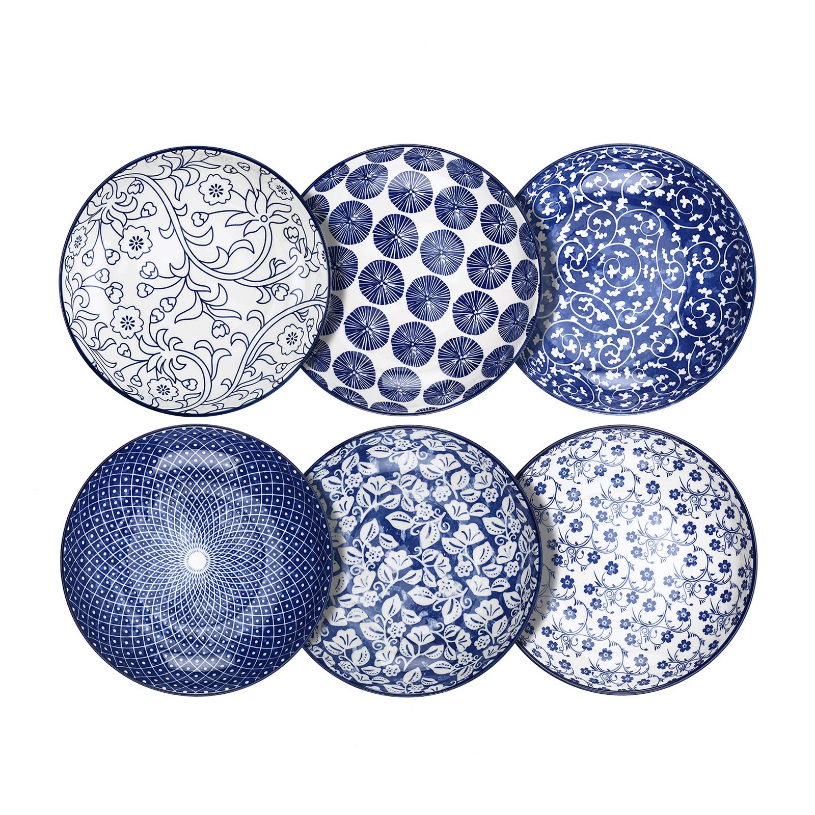 Selamica 26oz Porcelain Salad Pasta Bowls Set of 6 - Microwave & Dishwasher Safe, Stackable Serving Bowls in Vintage Blue - Perfect for Family Dinners, Parties & Restaurant Use