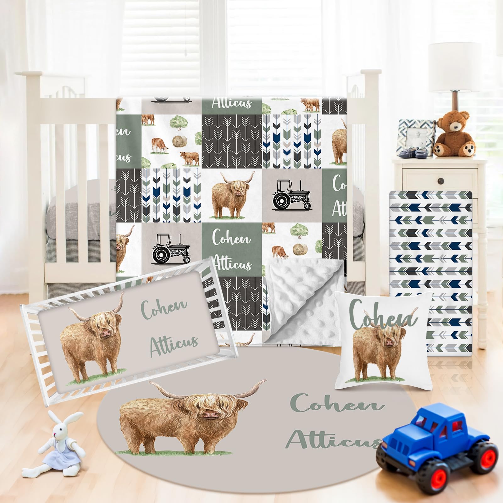 Custom Personalized 5-Piece Cow Theme Baby Crib Bedding Set for Boys & Girls - Soft Toddler Blanket & Comfortable Crib Sheets (Fixed Size) | Nursery Decor, Baby Shower Gift, Newborn Essentials