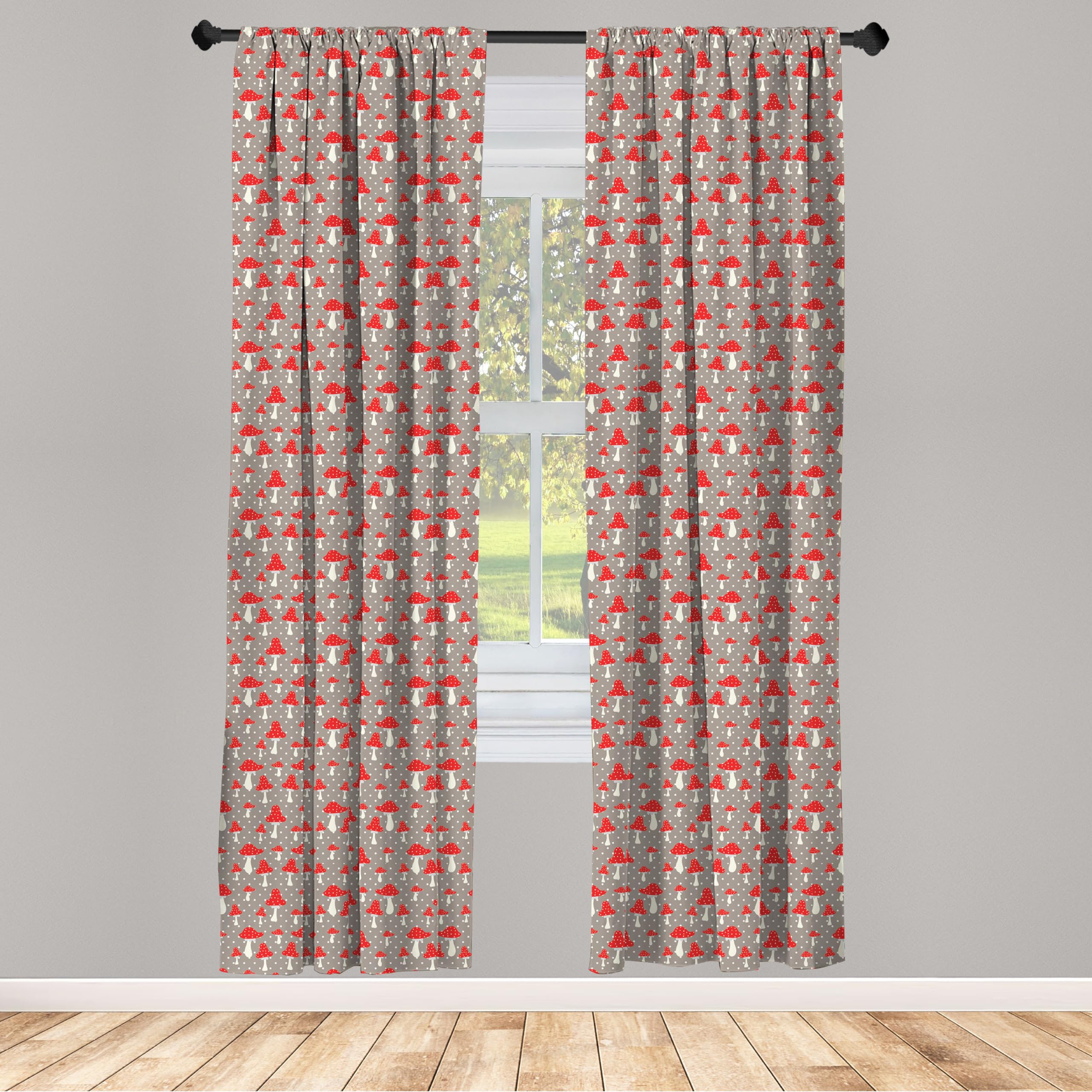 Ambesonne Mushroom Curtains - 2 Panel Set with Amanita Mushrooms & Polka Dot Pattern, 28