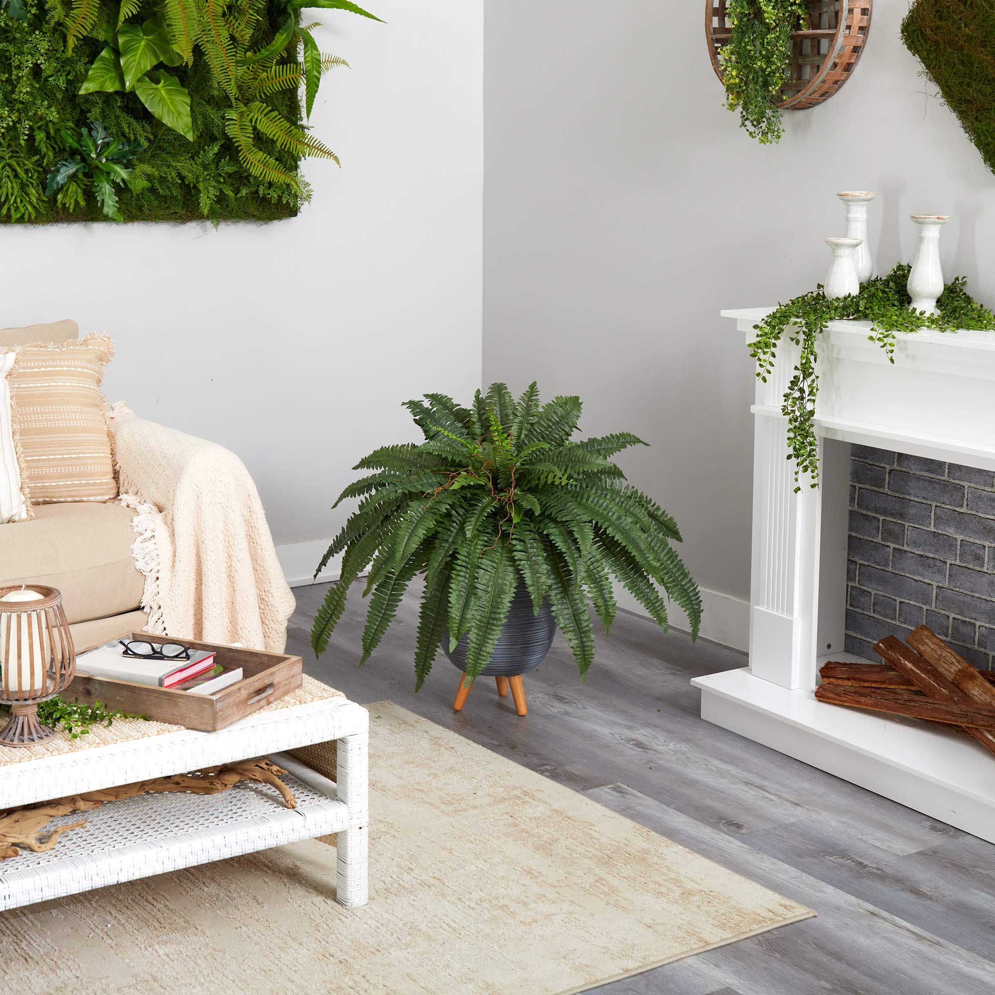Nearly Natural 2.5ft Boston Fern Artificial Plant - Realistic Fake Hanging Plant in Gray Planter with Stand for Home Office Decor, Indoor Greenery, and Porch Display