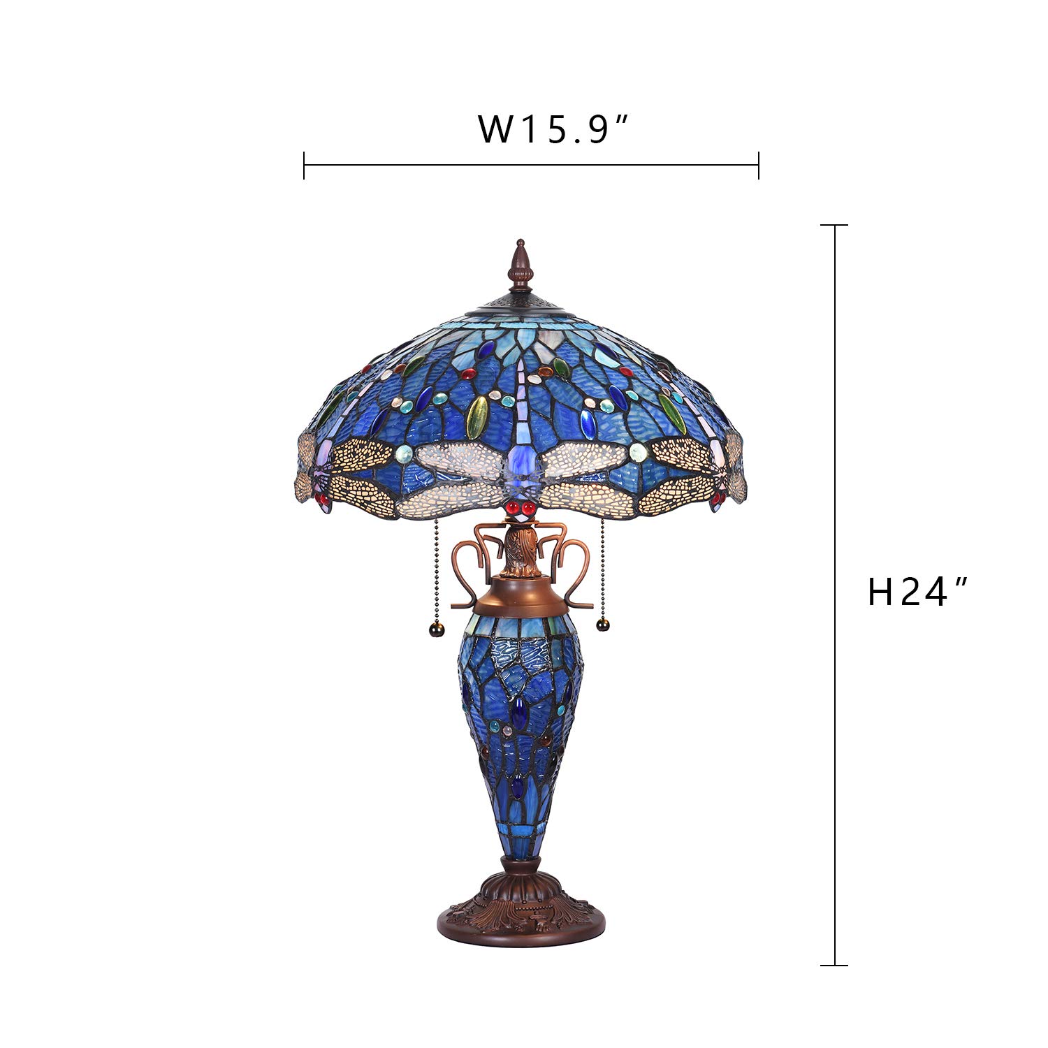 Tiffany Style Table Lamp - Antique Blue Dragonfly Stained Glass, 3-Light 16x16x24 Inches, Mother-Daughter Vase Design for Home Office, Living Room & Bedroom | Perfect for Reading Nooks, Nightstand Lighting & Home Decor Accents
