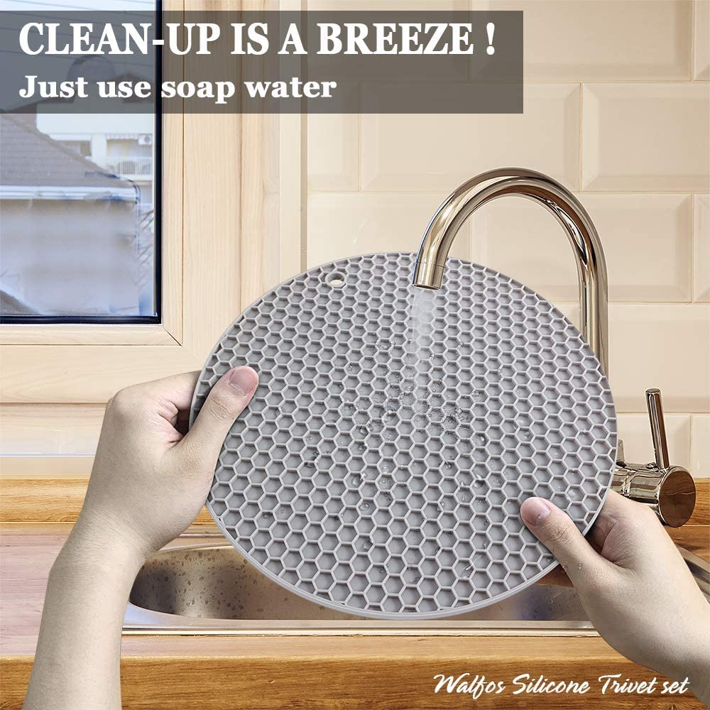 Walfos Silicone Trivet Mats - Set of 4 Heat Resistant Kitchen Potholders, Non-Slip Hot Pads for Cooking, Serving & Protecting Countertops | BPA-Free Food Grade Silicone | Perfect for Hot Dishes, Jar Opening & Utensil Holding (Round)