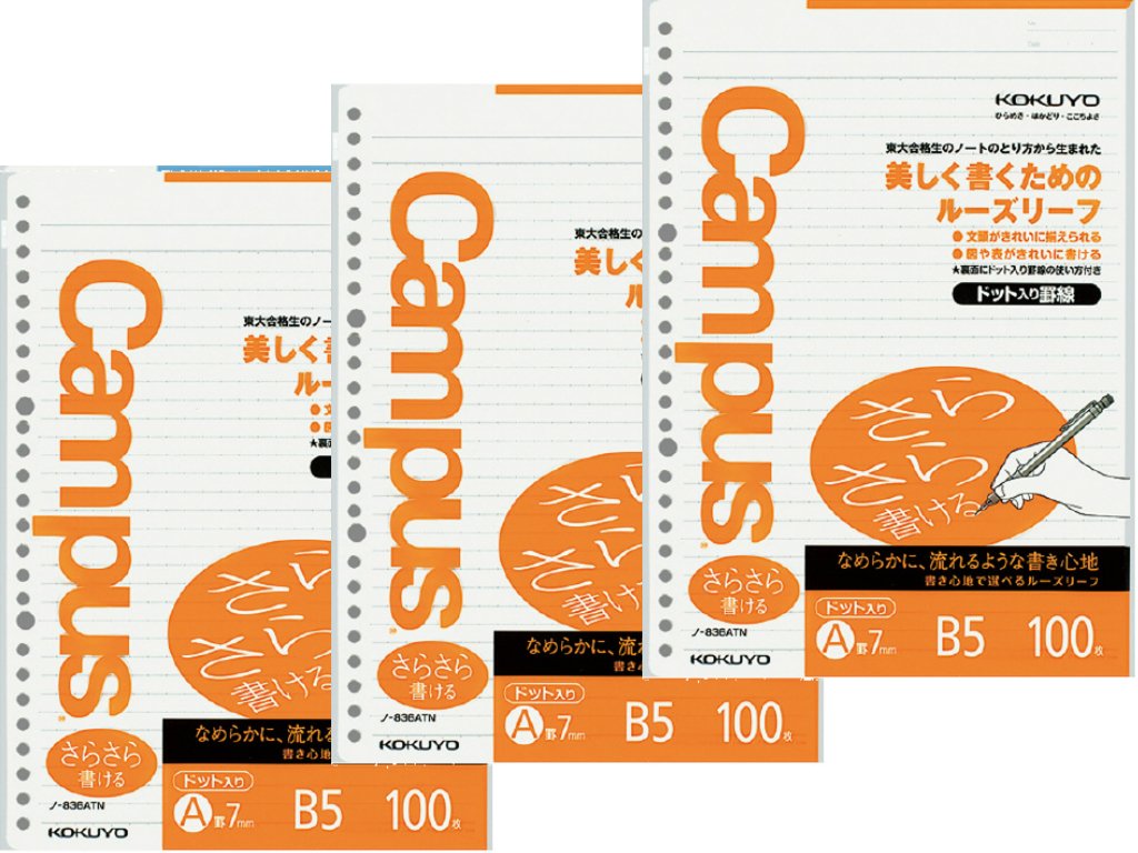 **Kokuyo Campus B5 Loose Leaf Paper - 100 Sheets, 7mm Dotted Grid, 26 Holes for Binders | Smooth Sarasara Writing | pH Neutral & Bleed Resistant 75gsm Paper | 3-Pack Japanese Import (NO-836ATN) | Perfect for Note Taking, Journaling, Office & School Use | Ideal for Students, Professionals & Bullet Journaling | Great for Class Notes, Work Meetings & Creative Planning**