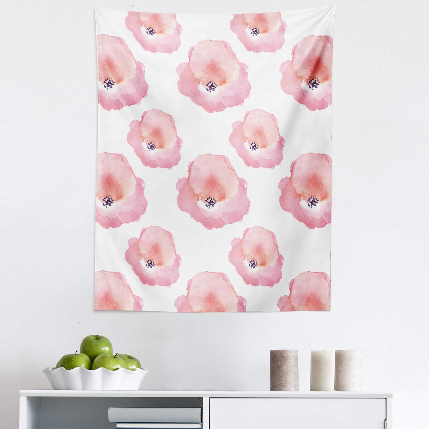 Ambesonne Watercolor Floral Tapestry - Pink Coral Fabric Wall Art with Repetitive Flower Silhouettes & Paint Blot Designs - 23
