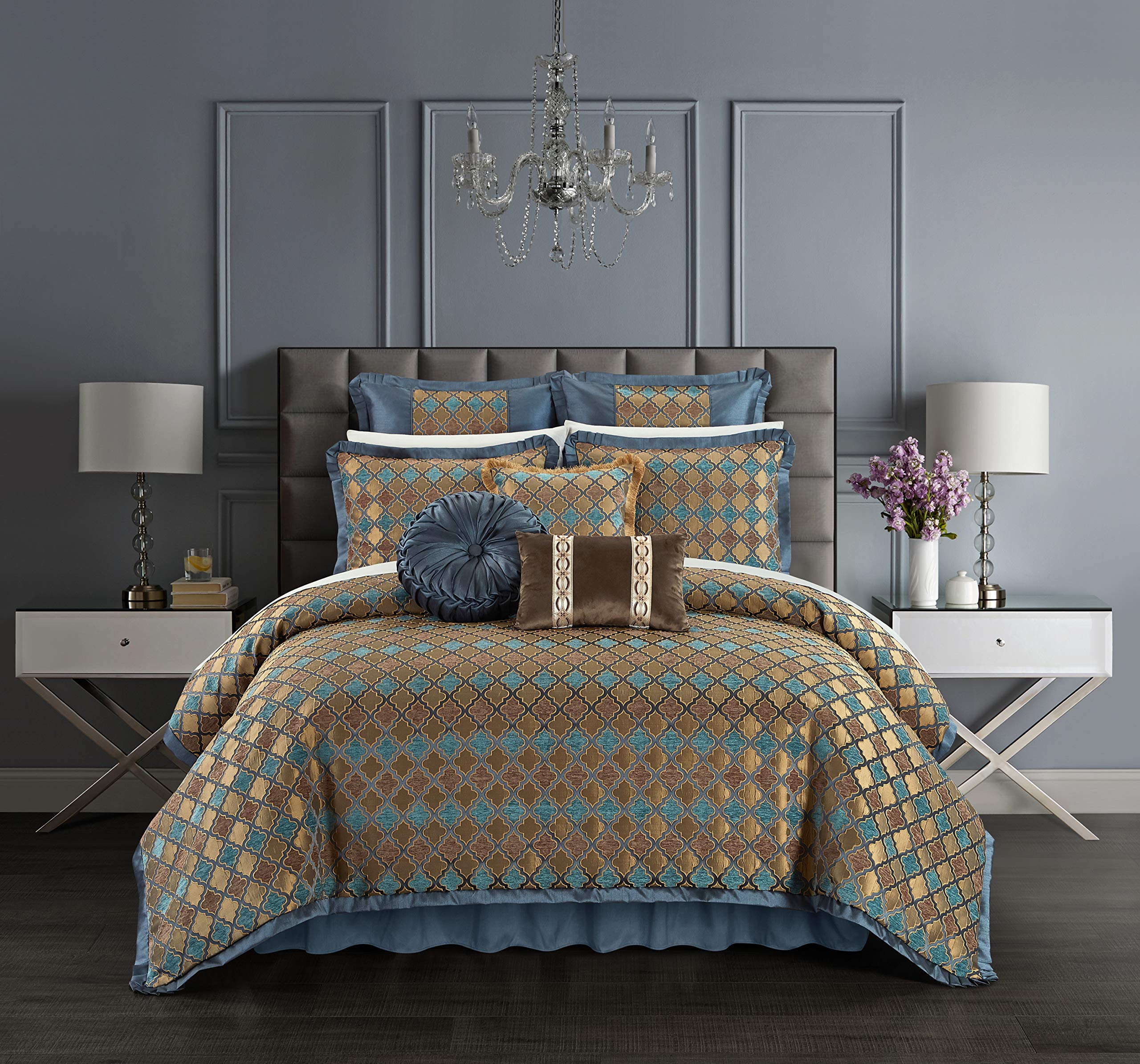 Chic Home Sue 13-Piece King Size Chenille Comforter Set with Geometric Scroll Pattern - Includes Sheet Set, Bed Skirt & Decorative Pillows | Soft Blue Luxury Bedding for Master Bedroom & Guest Room