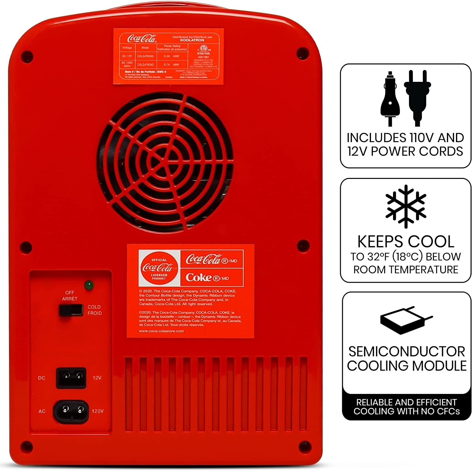 KOOLATRON Classic 6 Can Portable Thermoelectric Mini Fridge Cooler - 4L/4.2 Quarts Capacity, Red - 12V DC/110V AC for Home, Dorm, Car, Boat - Perfect for Beverages, Snacks, Skincare, Cosmetics & Medication Storage