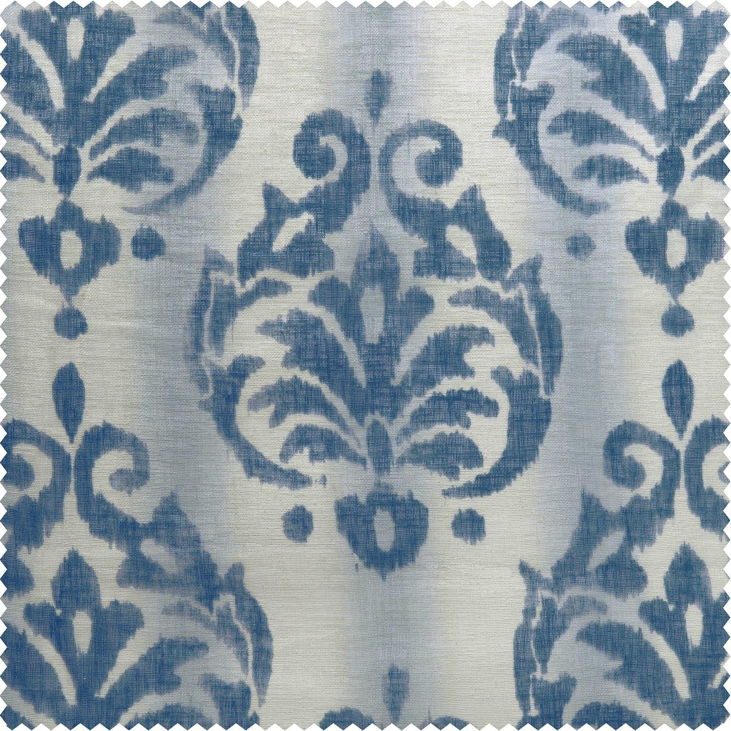 Custom Fresco Blue Damask Printed Sheer Curtains - Elegant Window Drapes for Living Room & Bedroom Decor