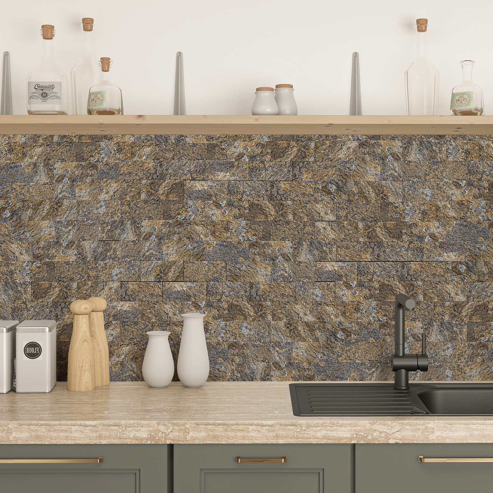 LONGKING 10-Sheet Peel and Stick Backsplash Tile - Waterproof PVC Self-Adhesive Wallpaper for Kitchen, Bathroom Vanity, Laundry Room - Rustic Slate Design, Easy DIY Home Décor Upgrade (Perfect for Renters & Homeowners)