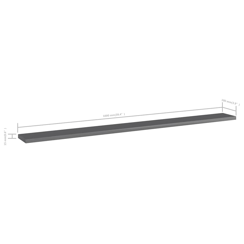Modern Wall-Mounted Bookshelf Set of 4 - High Gloss Gray Chipboard Shelves 39.4