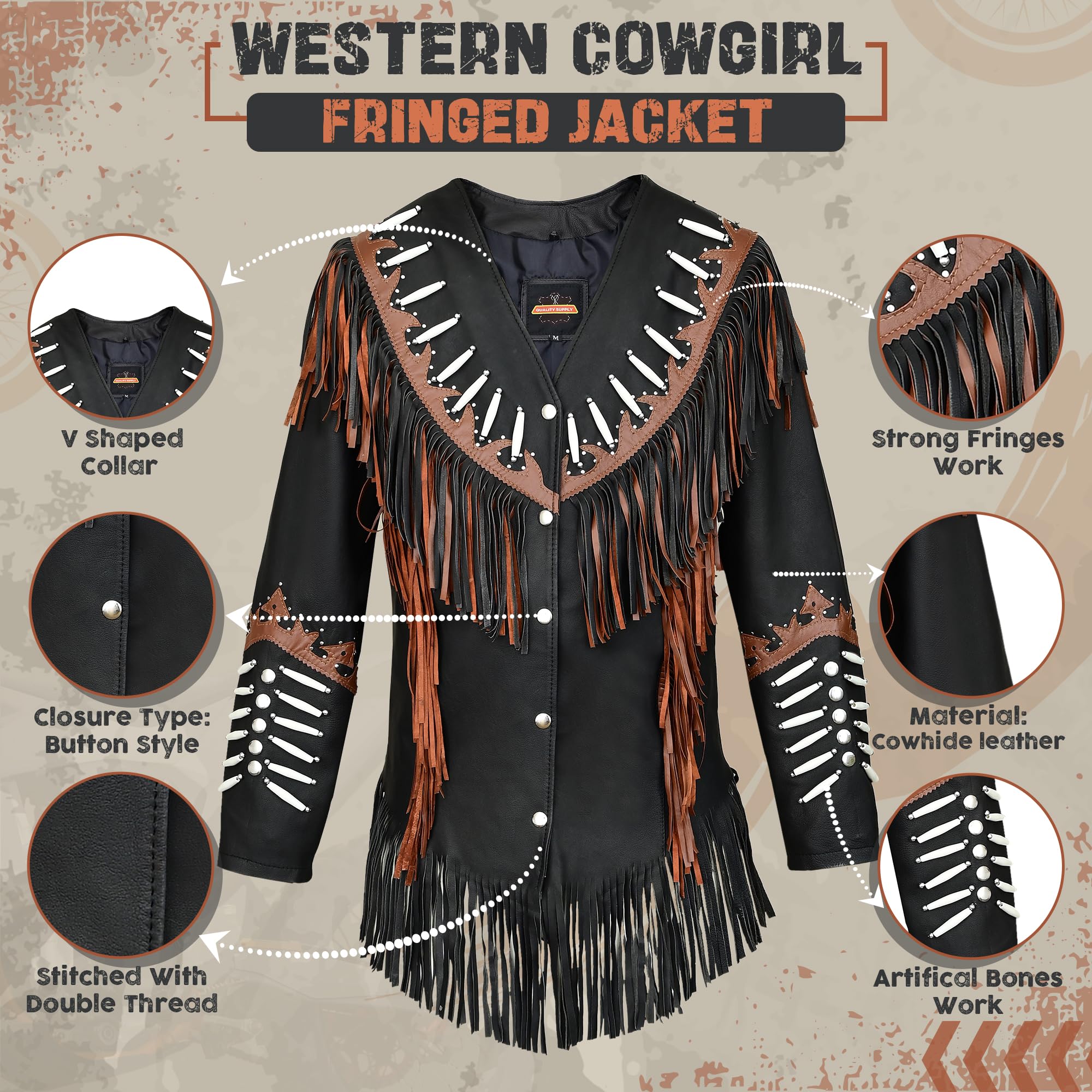 Western Black Leather Cowhide Jacket for Women - Native American Style Fringe & Beaded Cowgirl Jacket with Tassels | Perfect for Rodeo, Country Music Festivals & Western Fashion