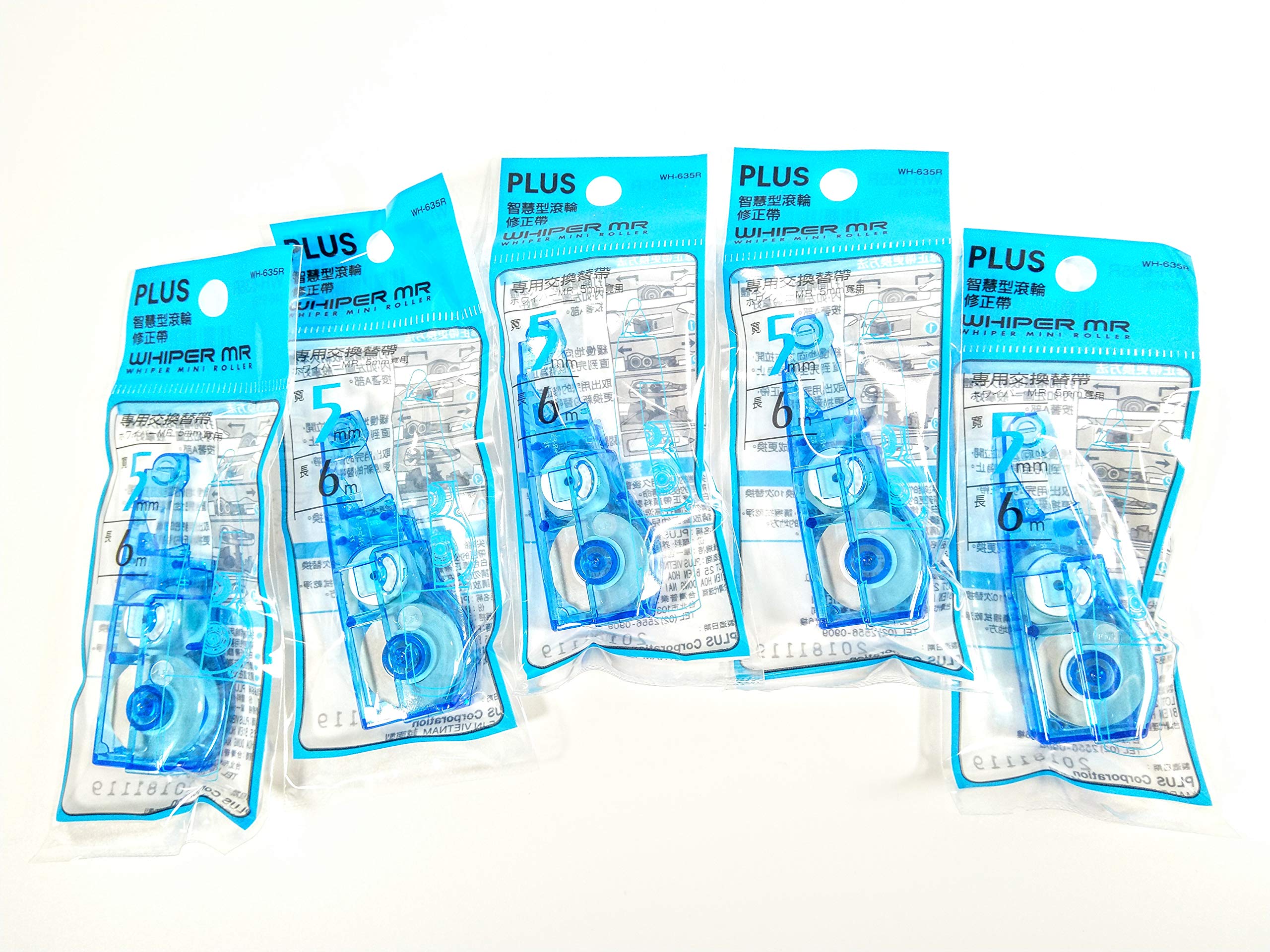 Plus WH-635R Mini Correction Tape Roller 5mm x 6m - Blue Refill for WH-635 Tape (5-Pack) - Perfect for Office, School & Home Document Corrections