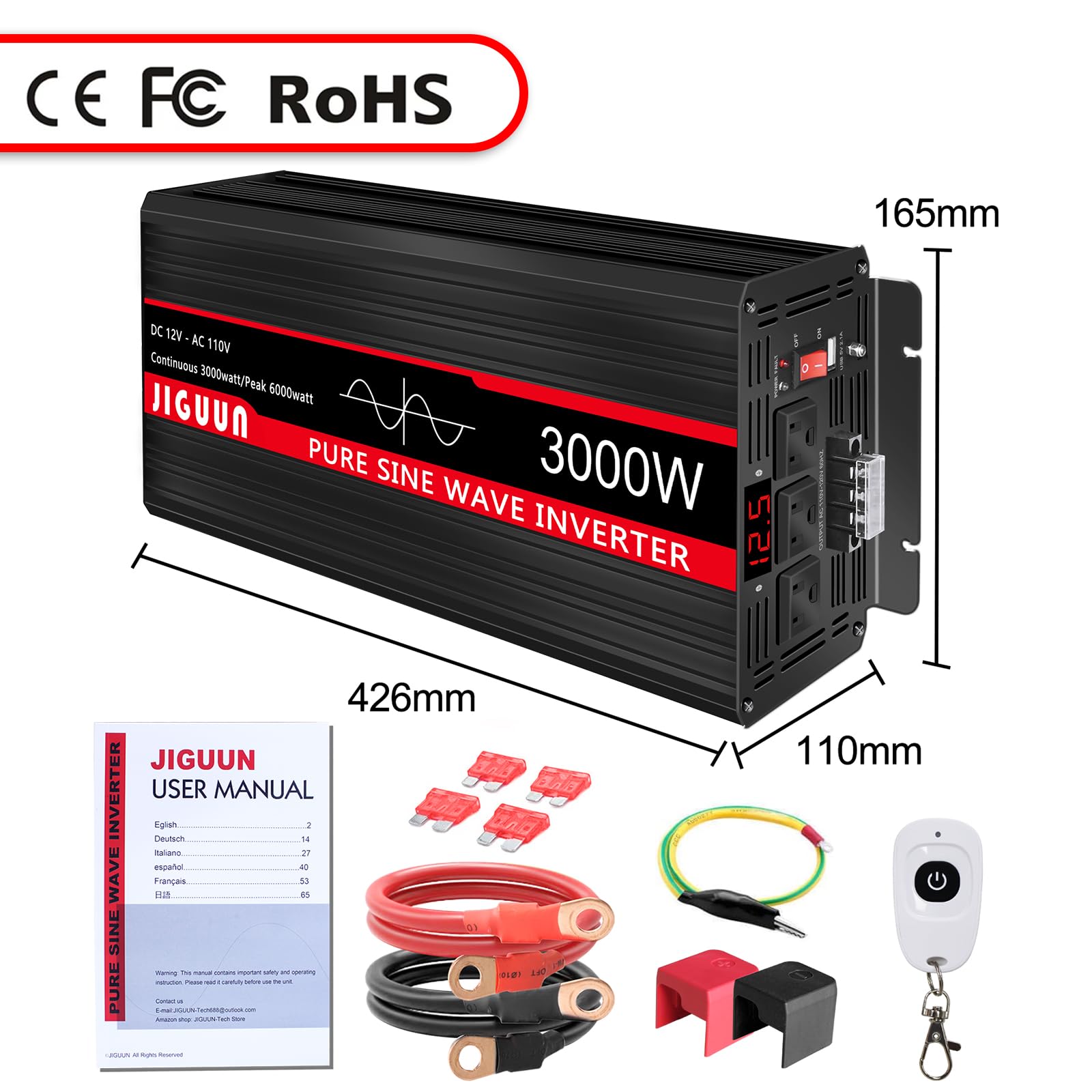 3000W Pure Sine Wave Power Inverter 12V DC to 110V/120V AC Converter with 4 AC Outlets & USB Ports - Car Inverter for RV, Camping, Truck, Boats, Home Backup Power & Outdoor Adventures