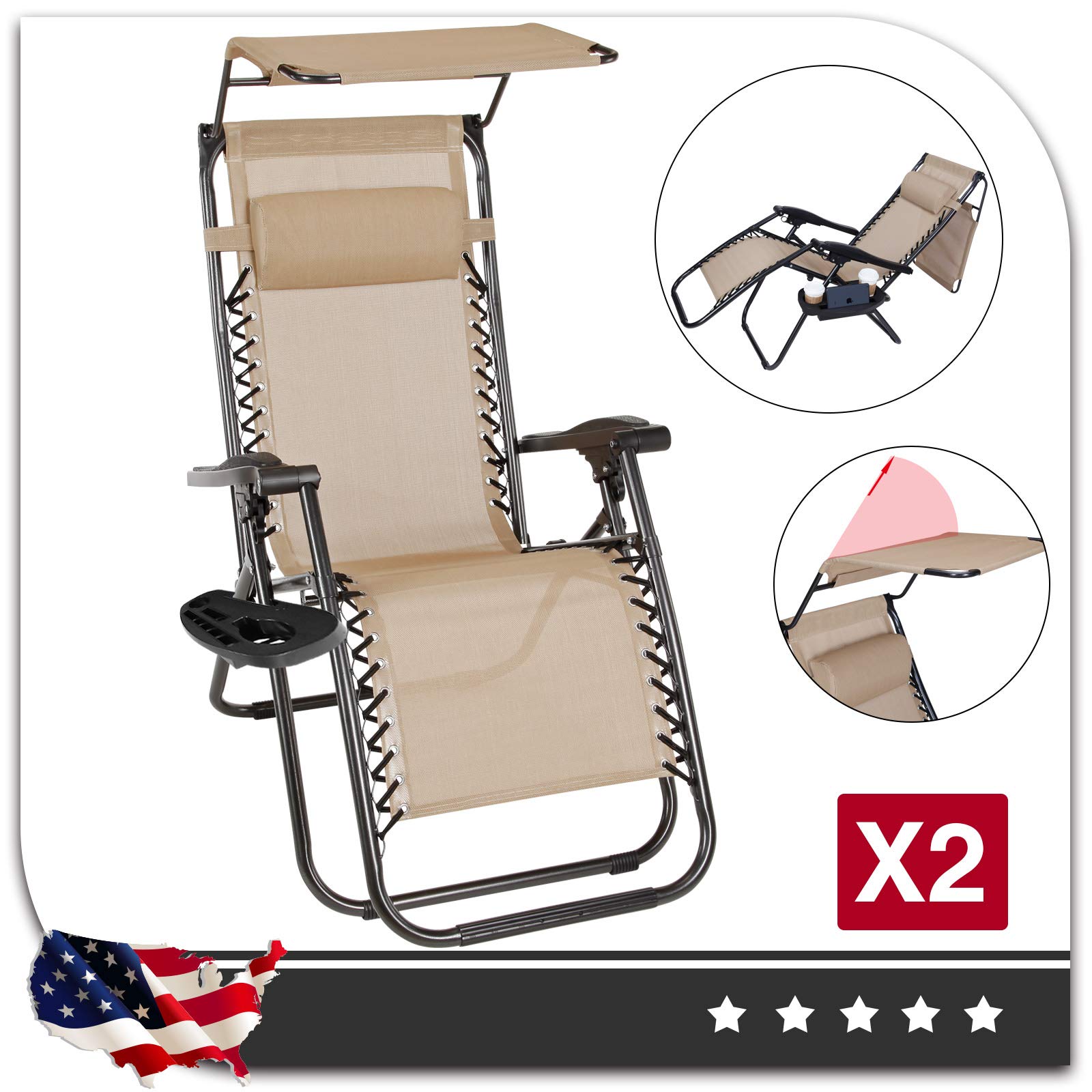 2 Pack Adjustable Zero Gravity Lounge Chair with Pillow & Canopy Shade - Portable Folding Recliner for Outdoor, Patio, Beach, Pool, Camping & Backyard Relaxation (Tan) - Perfect for Sunbathing, Reading & Lounging