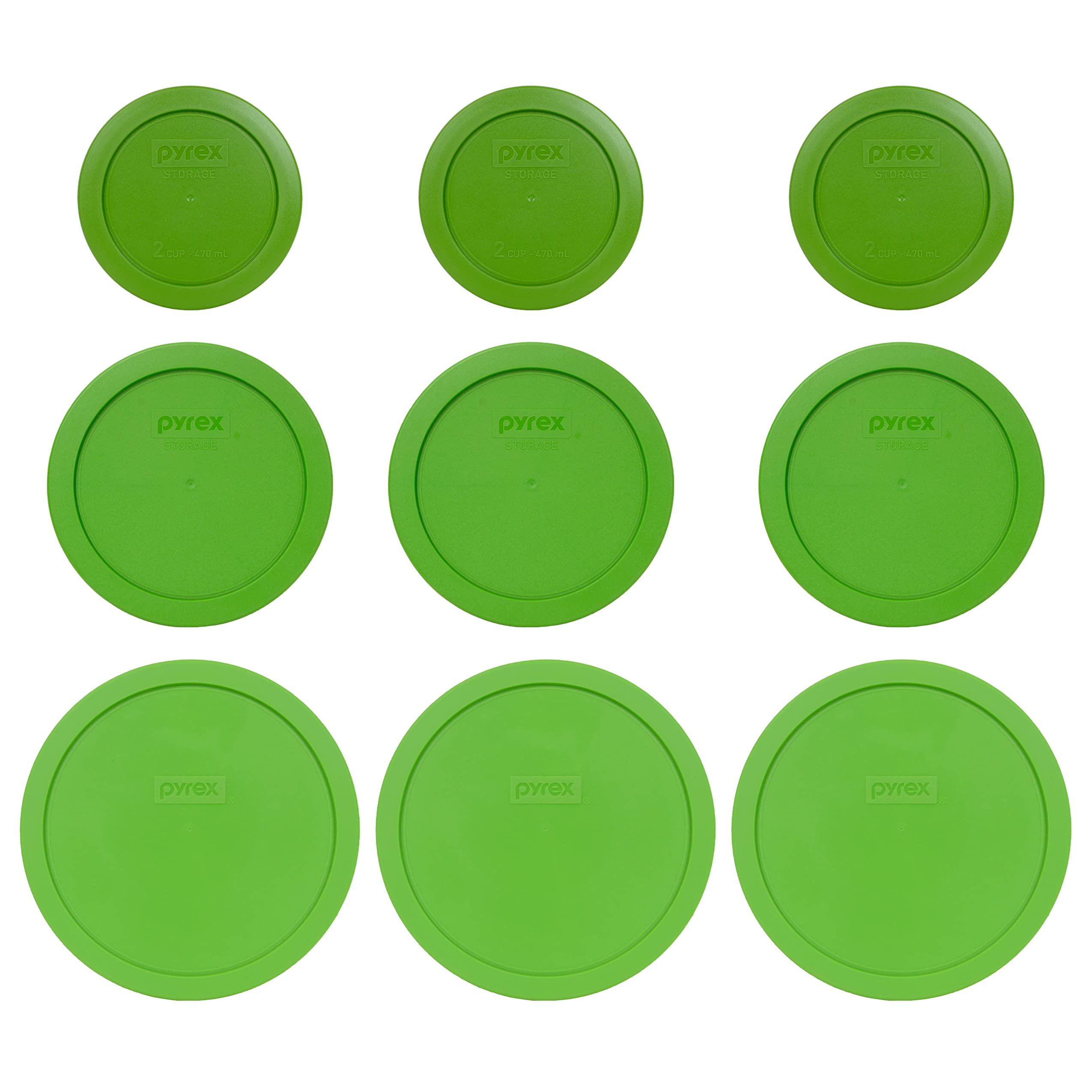 Pyrex 9-Piece Round Plastic Food Storage Replacement Lids Set - (3) 7200-PC, (3) 7201-PC & (3) 7402-PC - Lawn Green - Made in USA - Perfect for Meal Prep, Leftovers & Pantry Organization