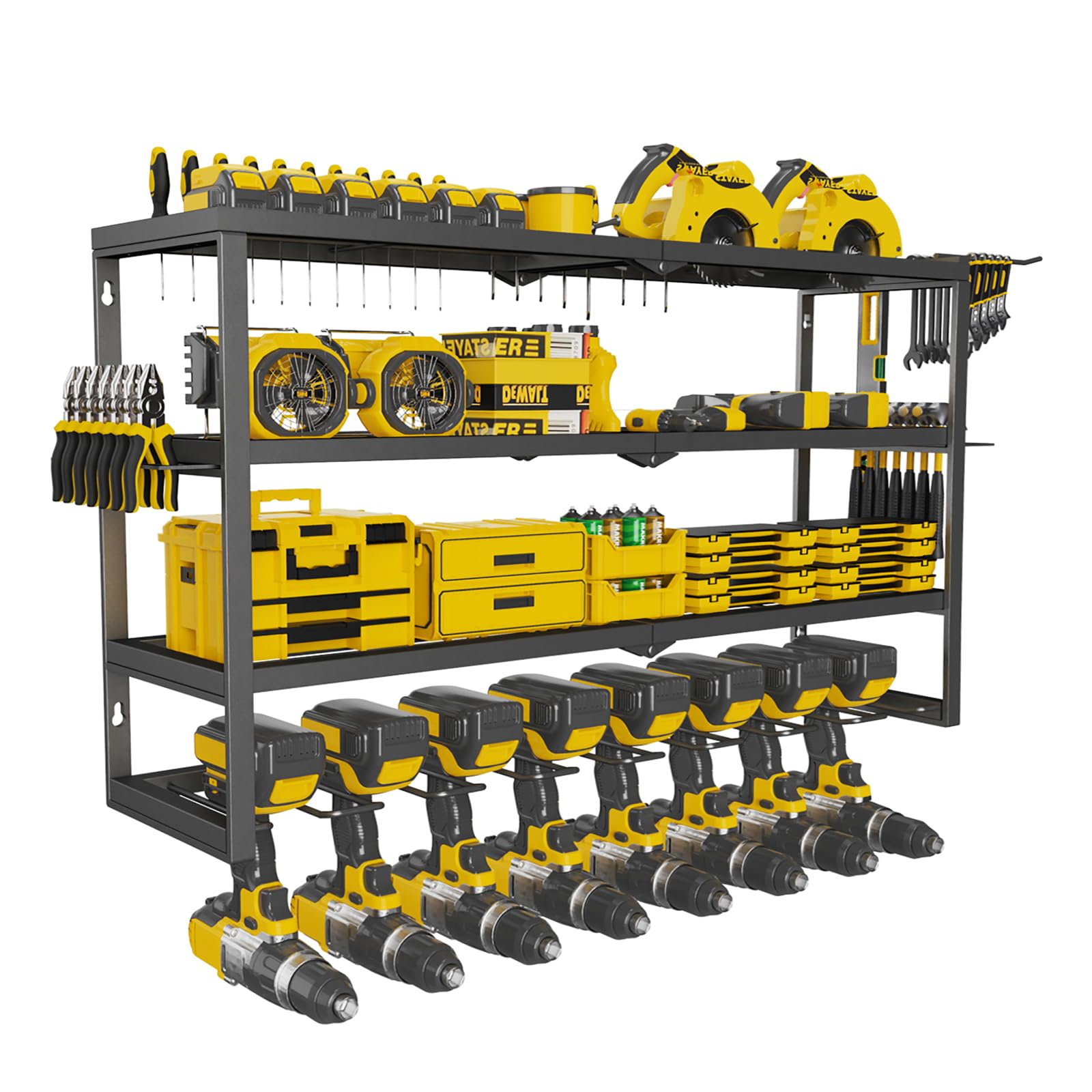 Wall Mount Power Tool Organizer with 4 Tiers & 8 Drill Holders - Heavy Duty Garage Tool Storage Rack for Drills, Wrenches & Screwdrivers - Perfect Workshop Organization & DIY Gift for Men, Husband, Father - Ideal for Garage, Shed & Home Improvement Projects