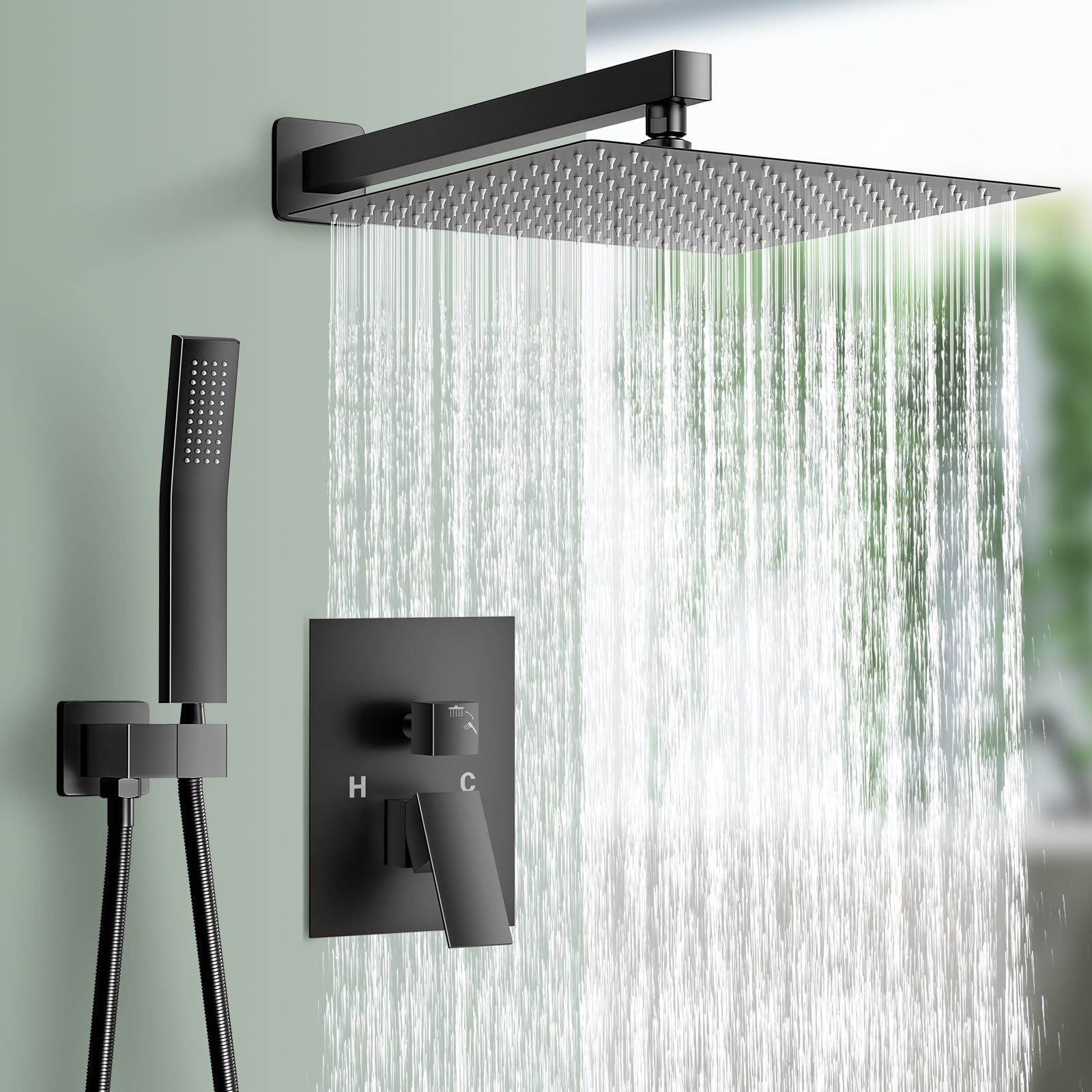 12 Inch Matte Black High Pressure Rain Shower Head with Handheld - Wall Mounted Shower System Combo Set with Brass Valve - Perfect for Modern Bathroom & Spa-Like Shower Experience
