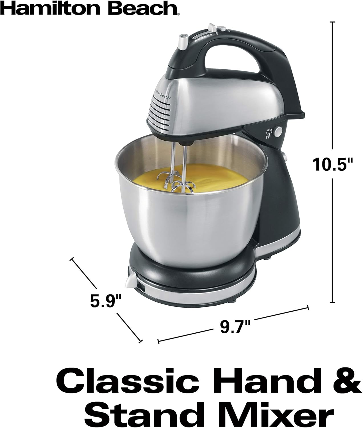Hamilton Beach Classic Hand and Stand Mixer - 5-Speed, 250W Power, Black & Stainless Steel - Perfect for Baking Cakes, Cookies, and Dough at Home