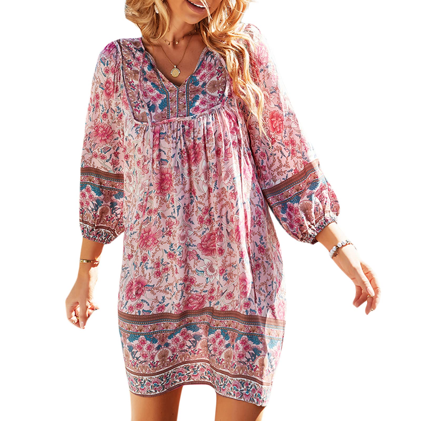 Women's Long Sleeve V-Neck Boho Floral Beach Dress - Vintage Summer Maxi Dress for Beach Vacation, Pool Party & Outdoor Date Night