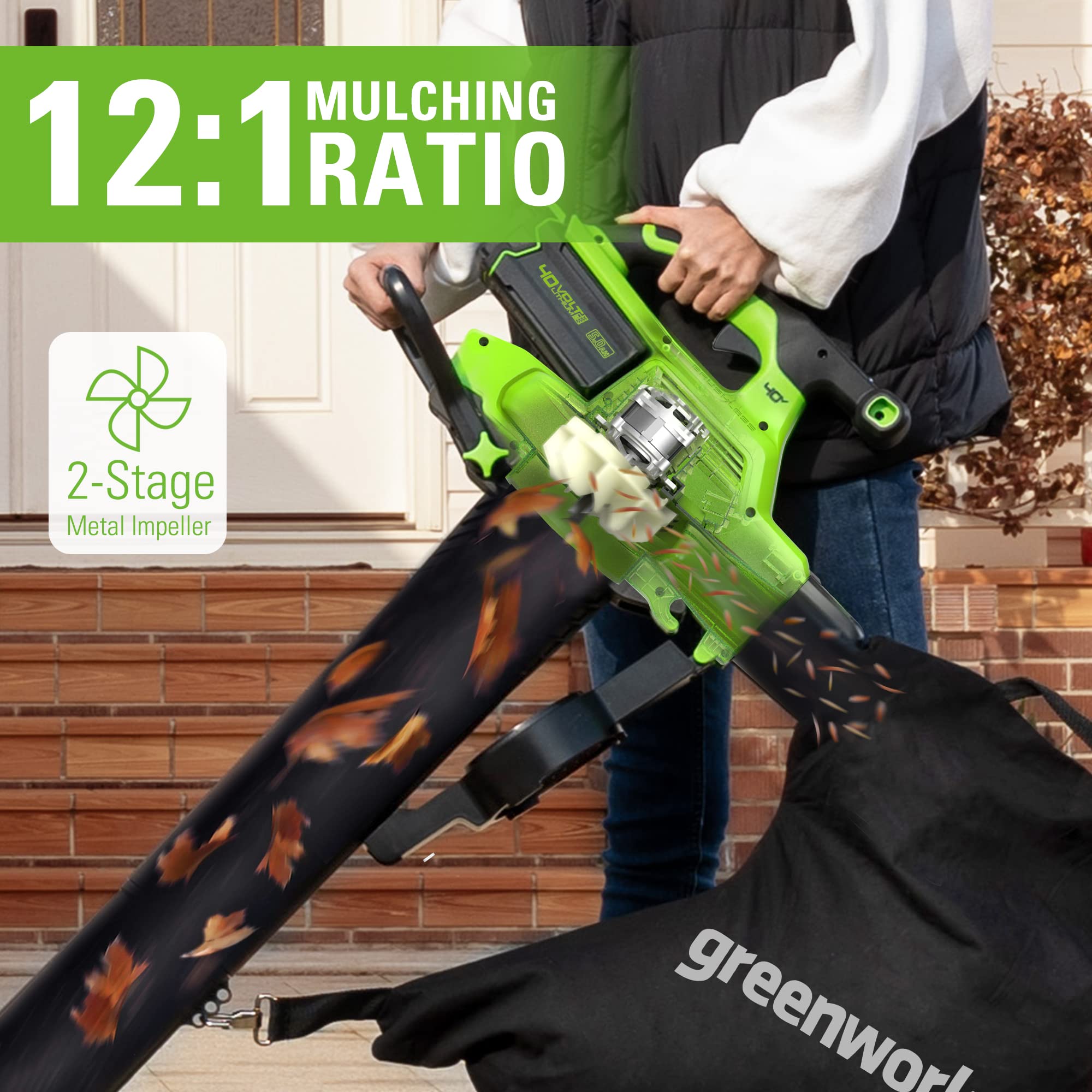 Greenworks 40V Cordless Leaf Blower & Vacuum - 230 MPH, 505 CFM, Brushless Motor, 5.0Ah Battery & Charger Included - Lightweight, Quiet Yard Blower for Leaves, Grass Clippings & Debris - Perfect for Driveway, Patio & Lawn Cleanup