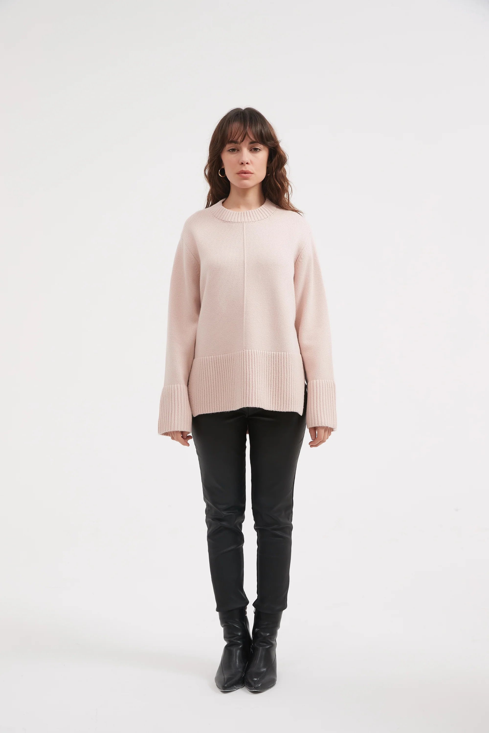 Champagne Pink Deep Split Knit Sweater - Elegant & Stylish for Casual Outings & Date Nights