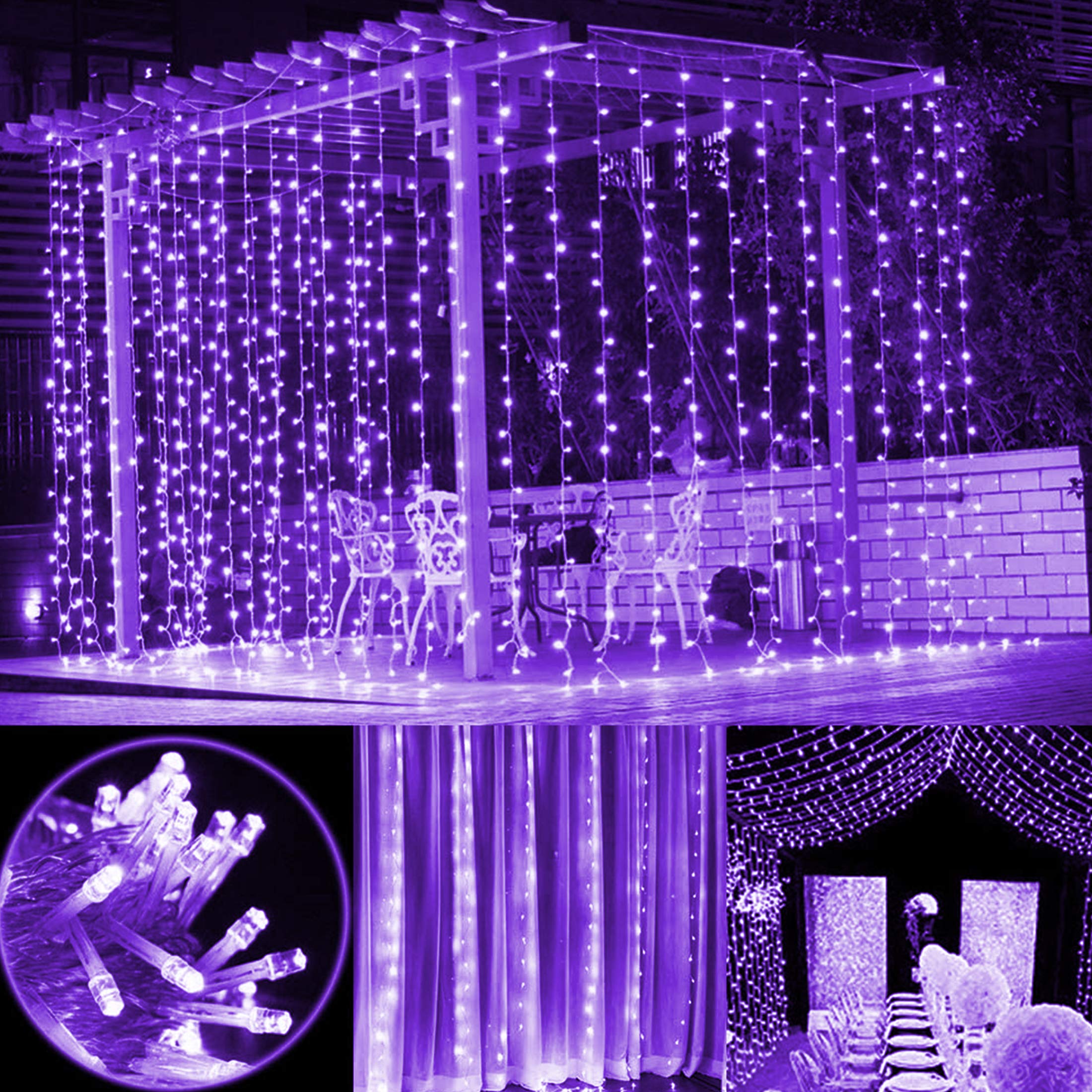 Twinkle Star 300 LED Curtain String Lights 6.6x9.8ft - Fairy Lights with Remote Control & Timer, Waterproof Outdoor/Indoor Decorative Lighting for Halloween Party, Bedroom, Wedding, Garden, Christmas Decor (Purple)