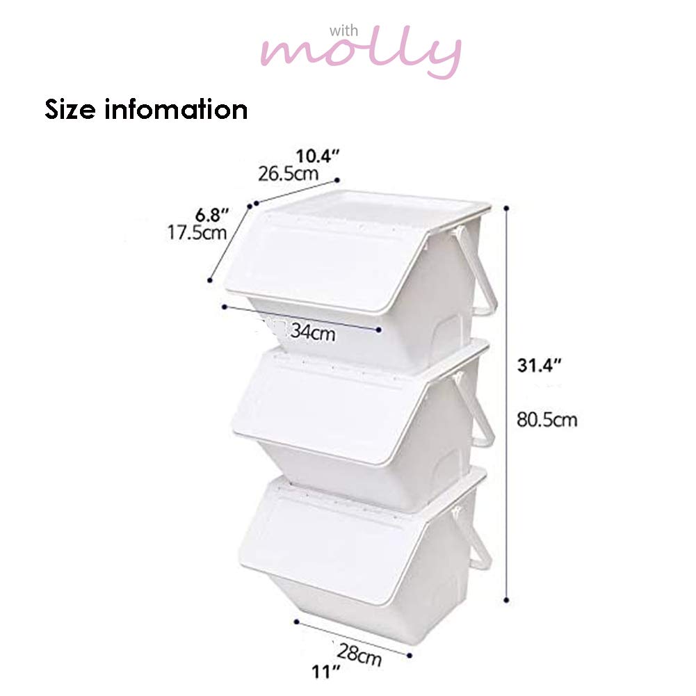 3 Pack Stackable Recycling Bins with Lids & Handles - Beige Organizer Containers for Trash, Toys & Tools - Includes Recycle Stickers - Perfect for Home, Office & Classroom Organization