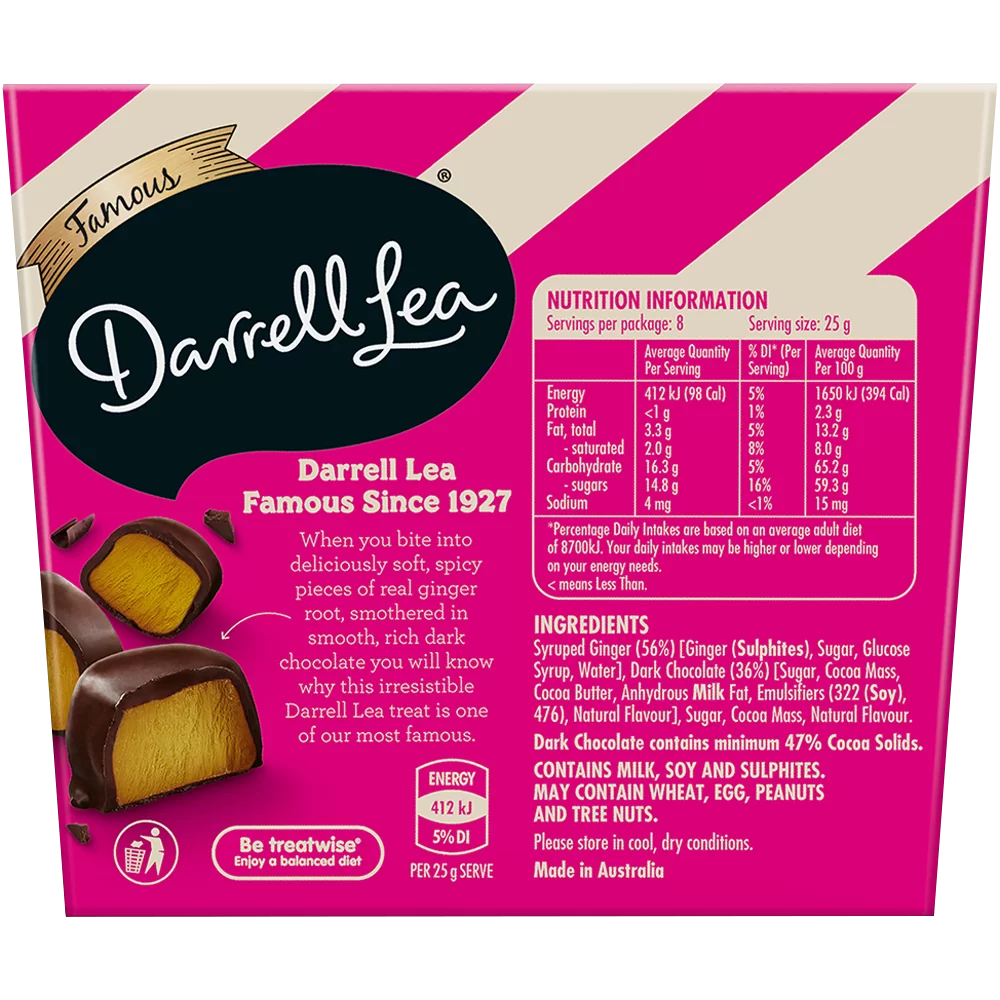 Darrell Lea Dark Ginger Chocolate Box 200g - Premium Australian Chocolate for Gifting, Snacking & Holiday Treats