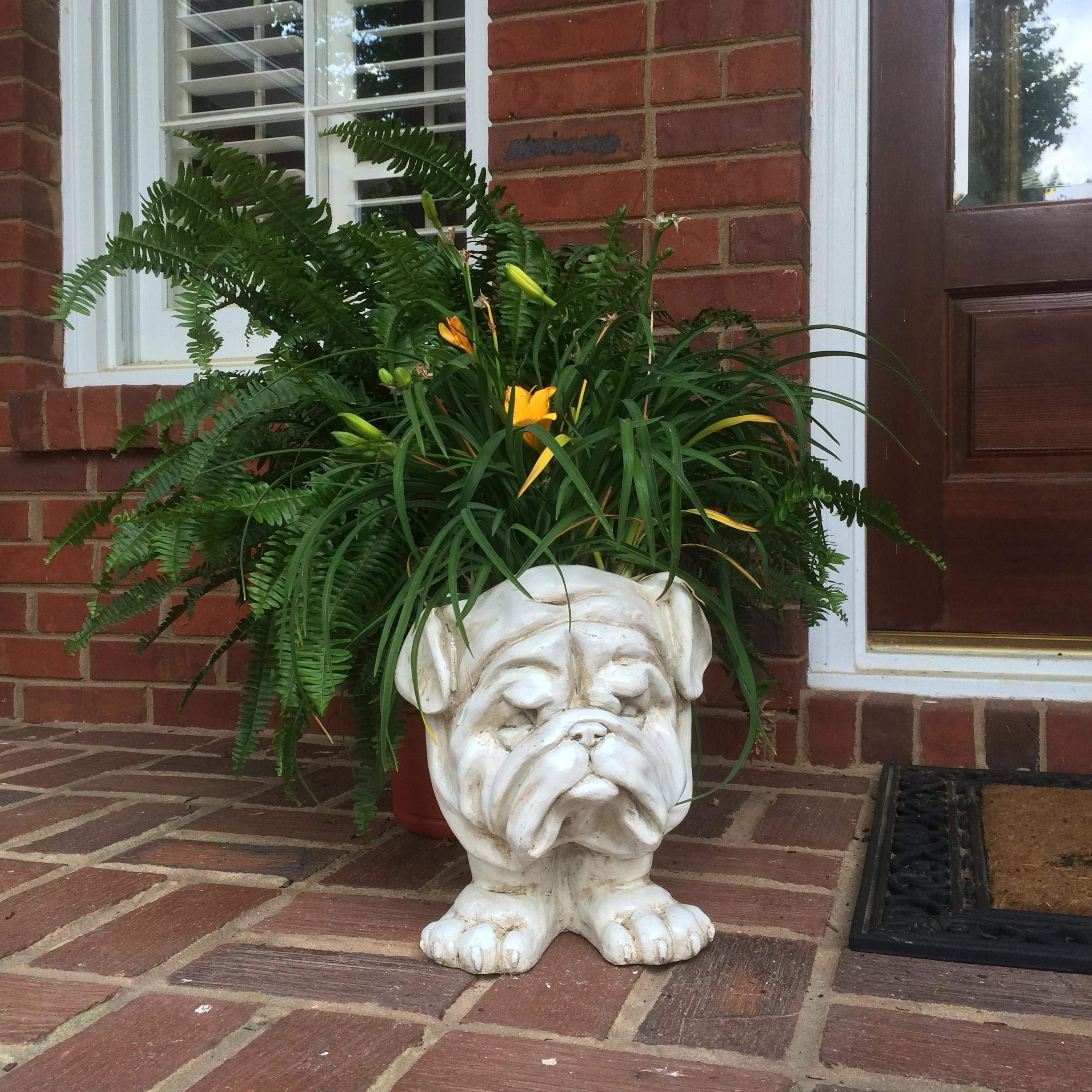 BOVTE FVLFIL 12-Inch Antique White Bulldog Statue Planter - Holds 5-Inch Pots, Cute Dog Mascot Decor for Home Garden, Patio & Office Desk | Perfect Gift for Dog Lovers & Plant Enthusiasts
