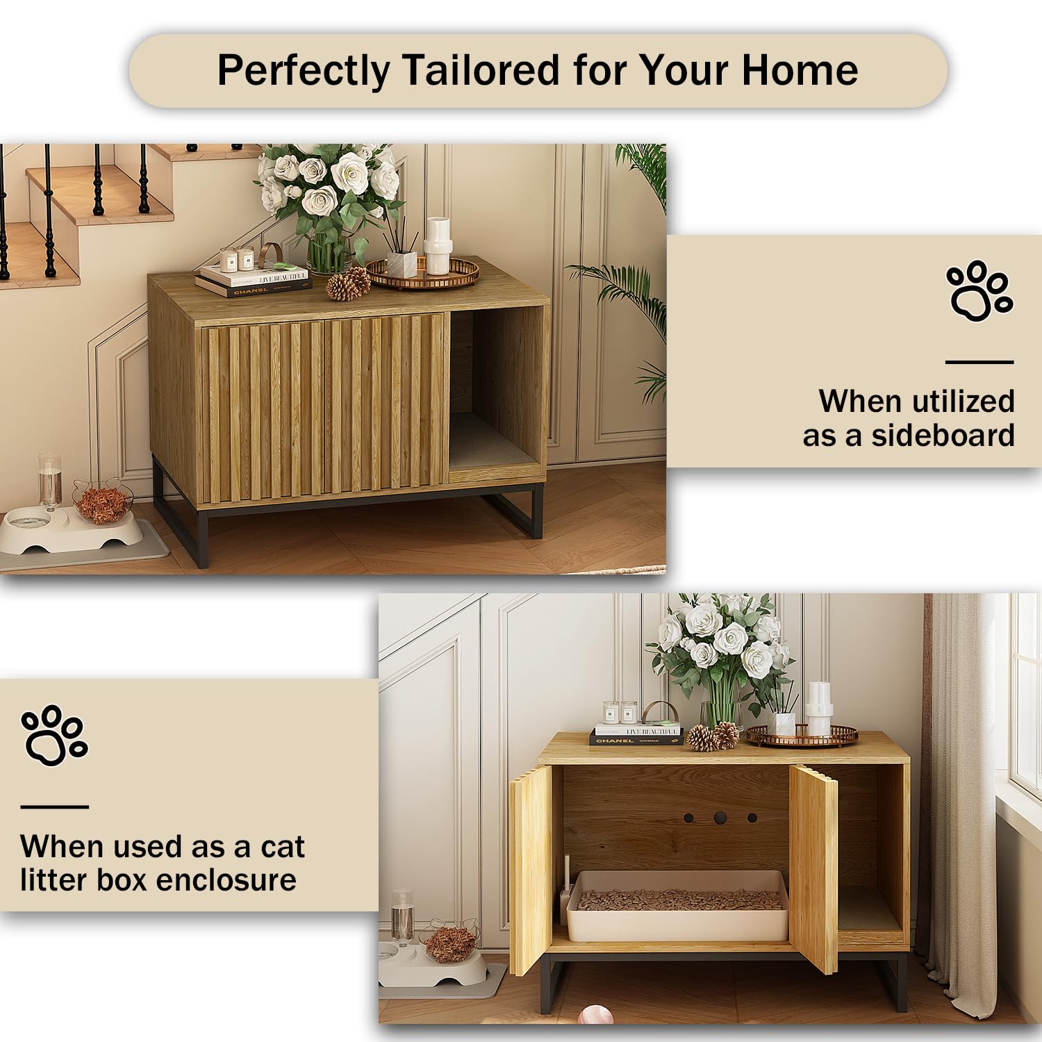 Modern Cat Litter Box Enclosure Furniture - Hidden Litter Box with Scratch Pad, Cat Washroom House & Entryway Bench for Living Room - Natural Wood End Table for Small Spaces & Pet-Friendly Home Decor