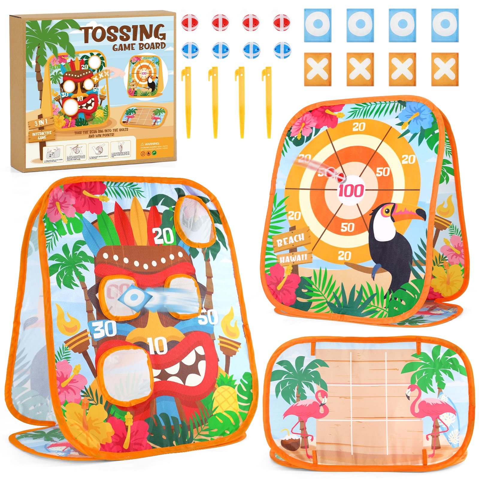 Bessmoso Double-Sided Collapsible Cornhole Board Set - Hawaiian Luau Party Games for Adults & Kids - Indoor/Outdoor Bean Bag Toss Game for Backyard, Beach, BBQ & Summer Tropical Parties - Perfect for Family Gatherings, Kindergarten Events & Tiki Themed Celebrations