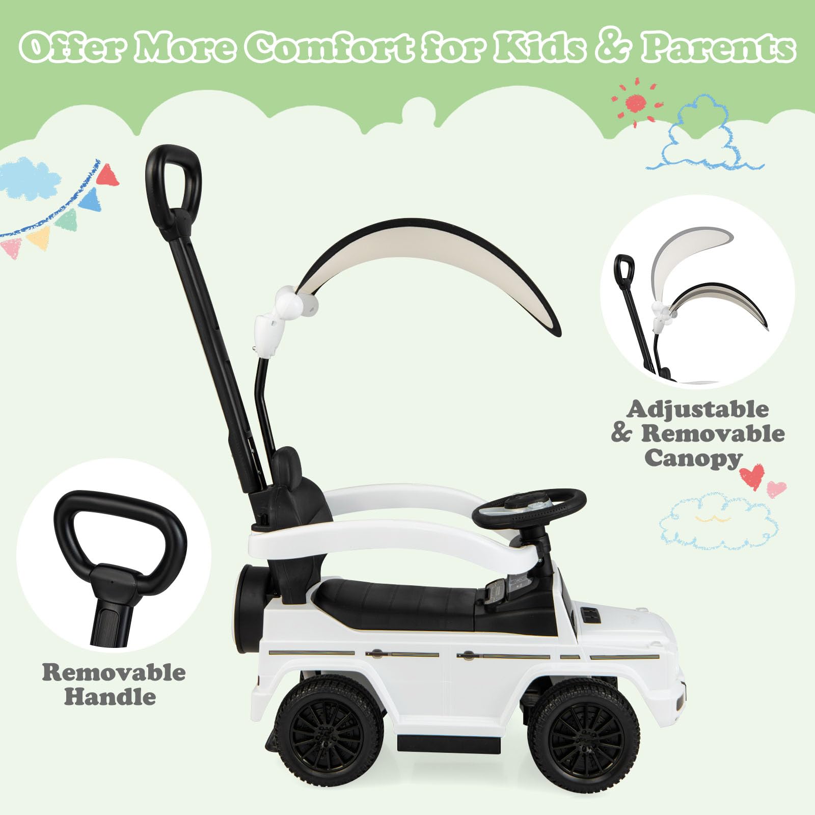 Nightcore Push Car for Toddlers - Ride On Toy with Removable Canopy, Anti-Tipping Design & Engine Sound - Safe Baby Walker with Retractable Footrest & Guardrail - Perfect Indoor/Outdoor Play for Boys & Girls (White) - Great for Birthday Gifts, Backyard Fun & Preschool Learning Activities
