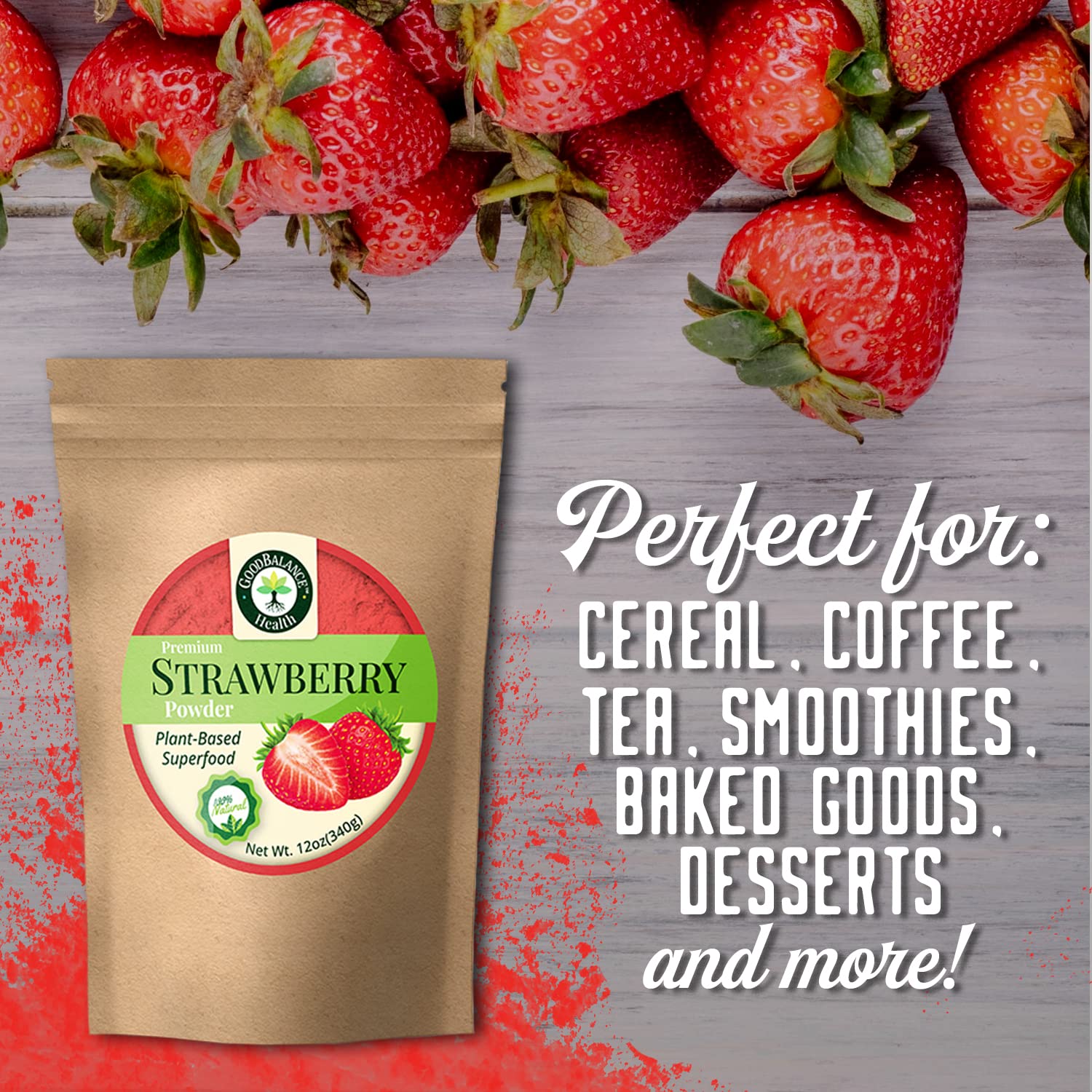 Premium 100% Natural Strawberry Fruit Powder - 12oz Resealable Bag | Non-GMO, Gluten-Free, Vegan | Perfect for Baking, Smoothies, Protein Shakes & Healthy Snacks | No Refined Sugars | Nutritious Flavor Boost for Desserts, Yogurt & Breakfast Bowls