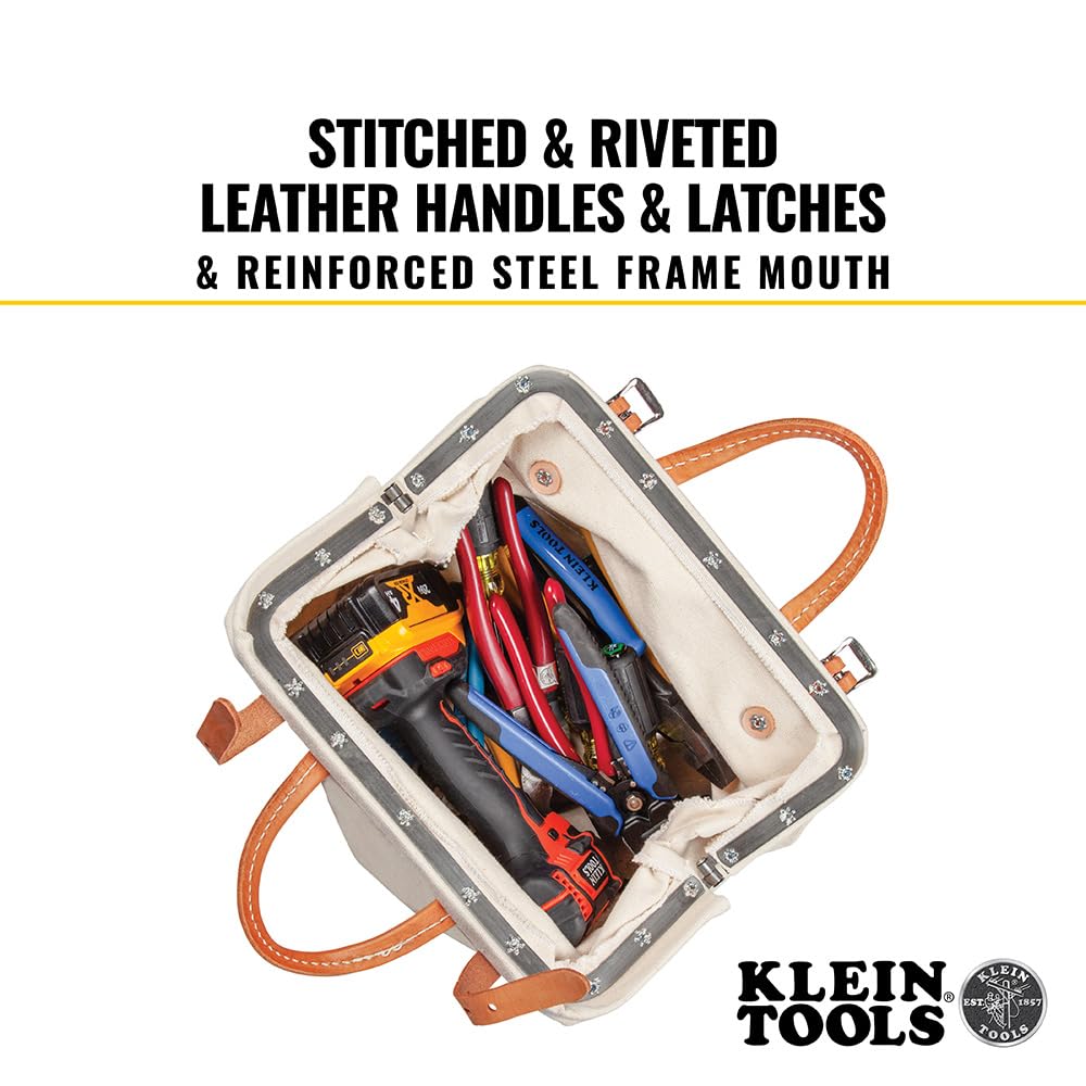 **Klein Tools 5102-12 Heavy Duty Natural Canvas Tool Bag – Durable Multi-Purpose Tool Tote with Wide Hinged Opening & Leather Handles (12-Inch) – Perfect for Electricians, Contractors & DIY Projects**