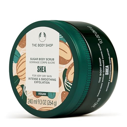 The Body Shop Shea Butter Body Scrub - 8.1 oz (240ml) - Exfoliating & Moisturizing for Soft, Smooth Skin - Perfect for Dry Skin & Spa Day Self-Care Routine