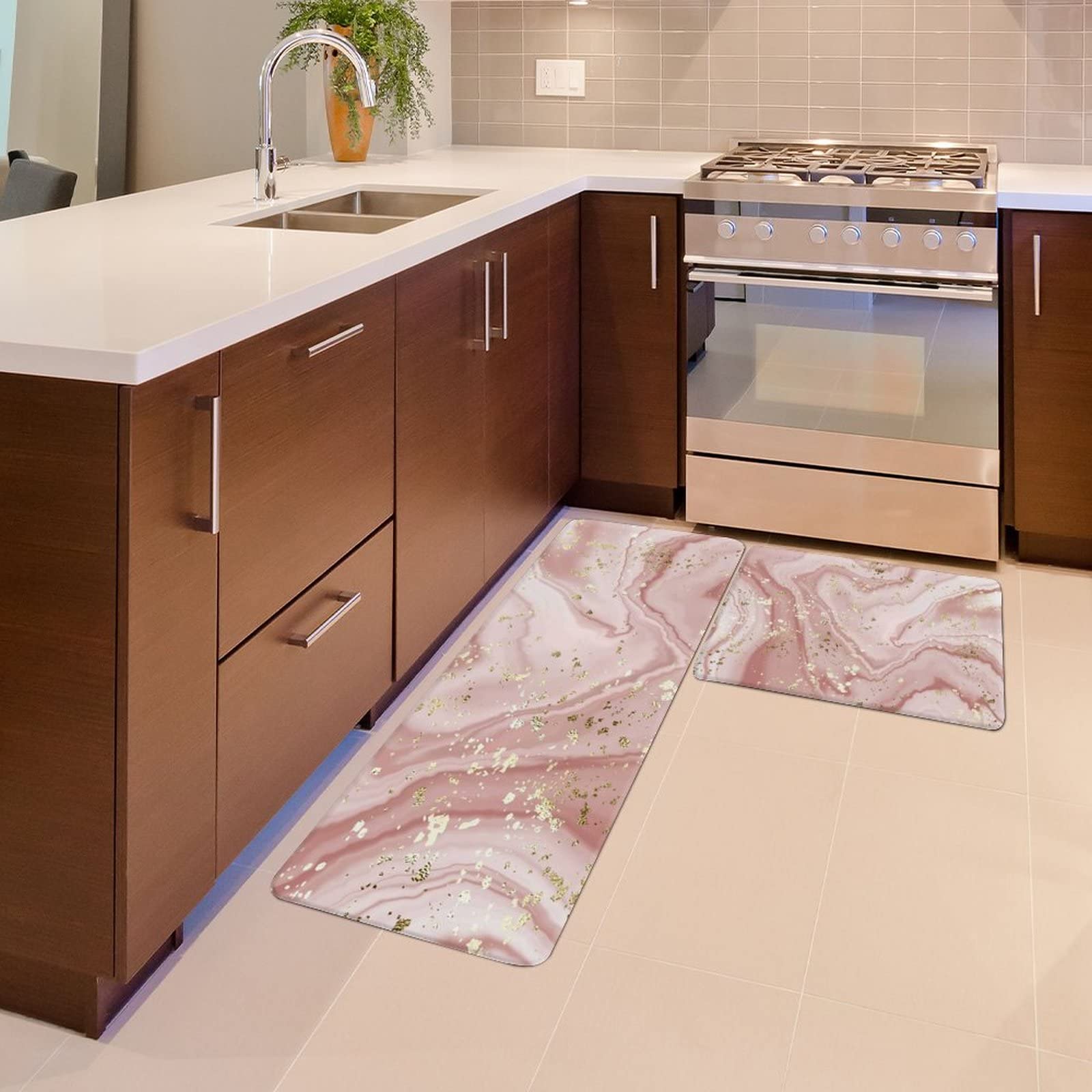 2-Piece Anti-Fatigue Kitchen Mat Set - Soft Cushioned Non-Slip Floor Rug with Ergonomic Foam for Kitchen, Bathroom, Office & Sink Areas - Pink Marble Design for Comfortable Standing & Home Decor
